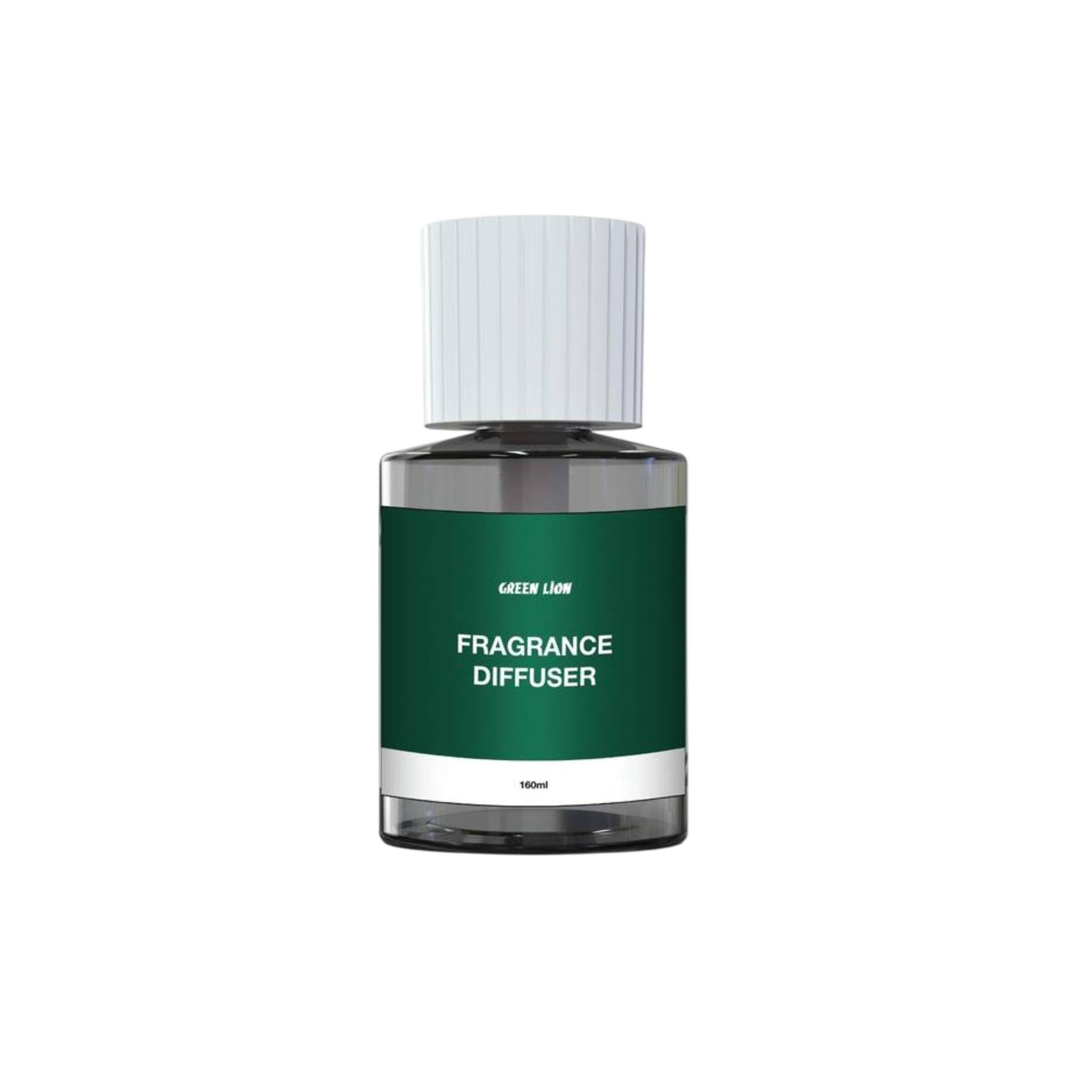 A white and green glass fragrance diffuser bottle with a white cap and label that reads 'FRAGRANCE DIFFUSER'.