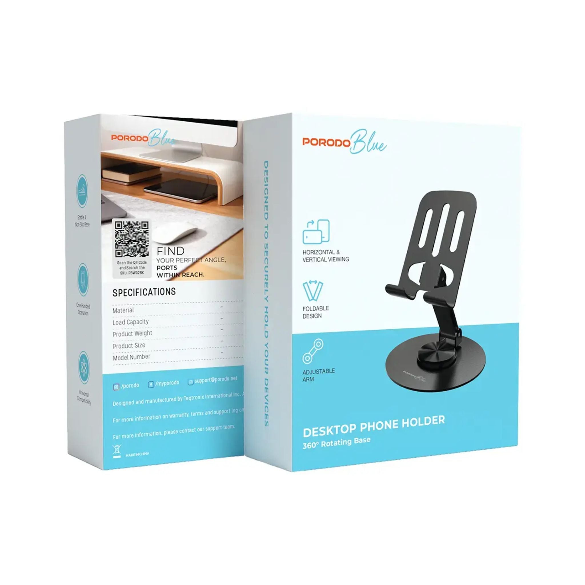 Porodo Blue Desktop Phone Holder with 360° Rotating Base, Foldable Adjustable Arm, Stable Non-Slip Base, Aluminum Alloy & Carbon Steel Build, Universal Compatibility for Horizontal & Vertical Viewing – Black