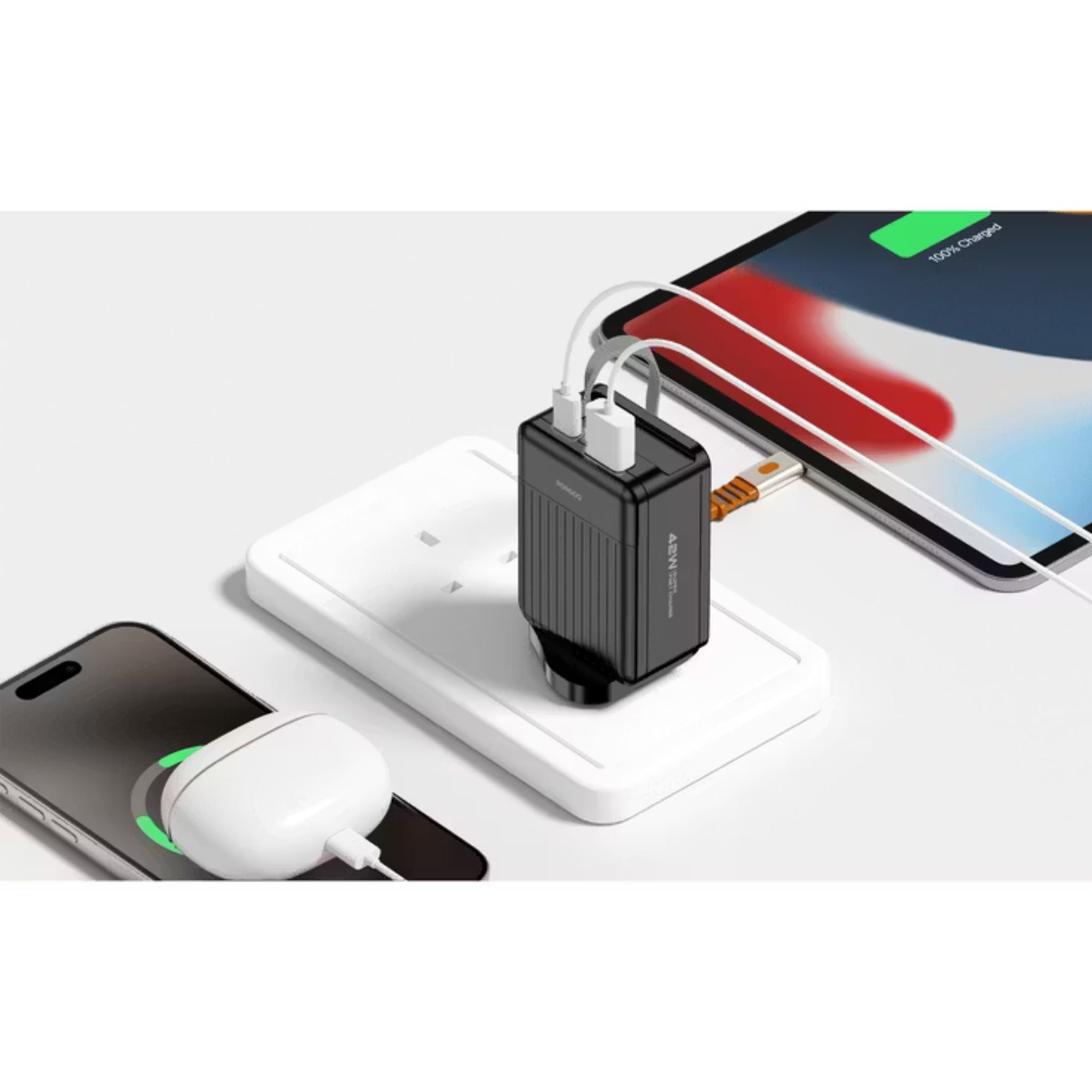 Porodo Super Quick GaN Charger with 75cm Retractable Type-C Cable, 42W Power Delivery, Simultaneous Charging, 22.5W USB-A Output, Built-in Safeguards - Black