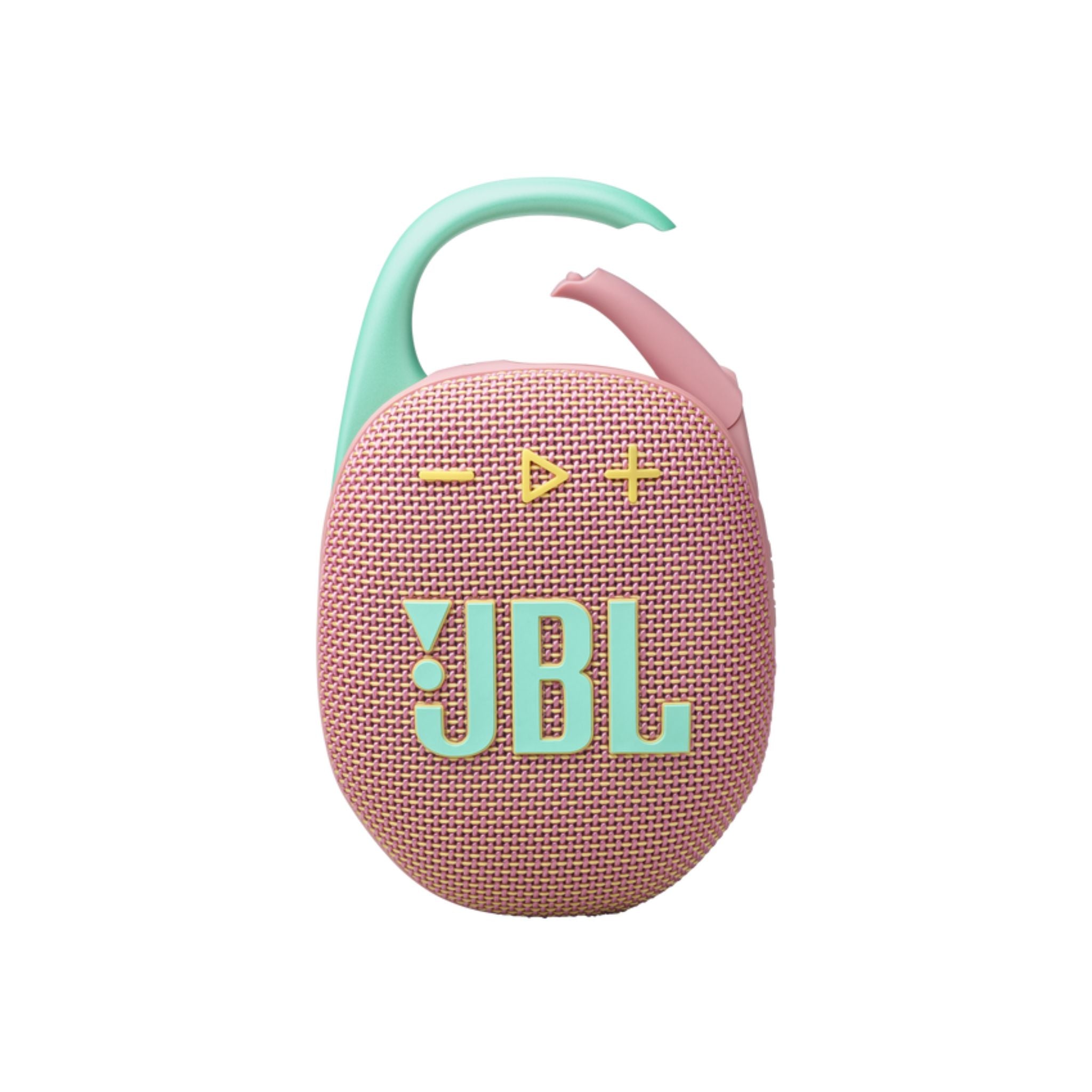 A pink JBL Clip 5 portable wireless speaker with a carabiner attached to it.