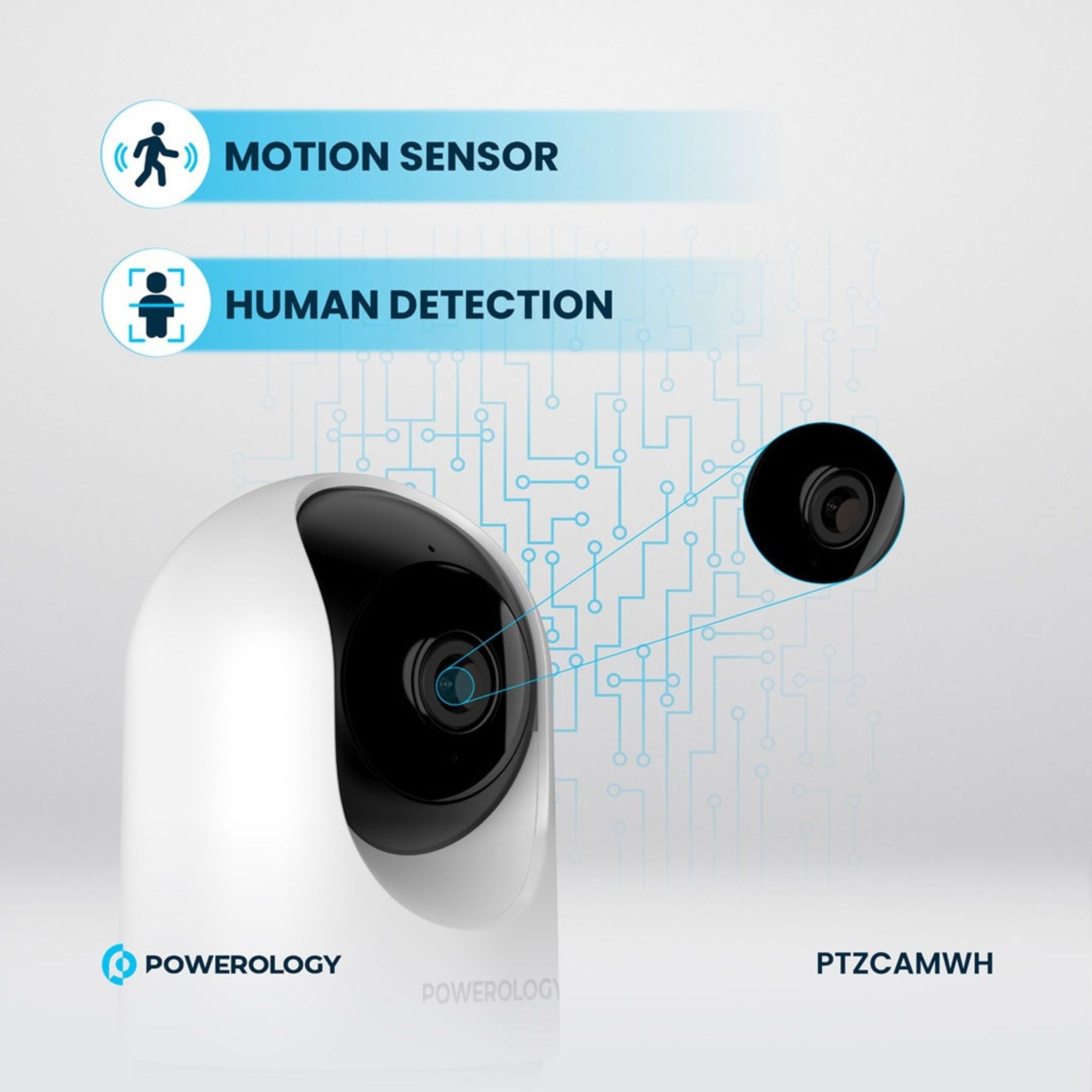Powerology Indoor PTZ Smart Camera, 3MP 2304×1296 Resolution, Pan & Tilt Control, Human Detection, Motion Sensor, Two-Way Audio, Night Vision 8–10m, 2.4GHz Wi-Fi, TF Card Support up to 256GB, Android & iOS Compatible – White