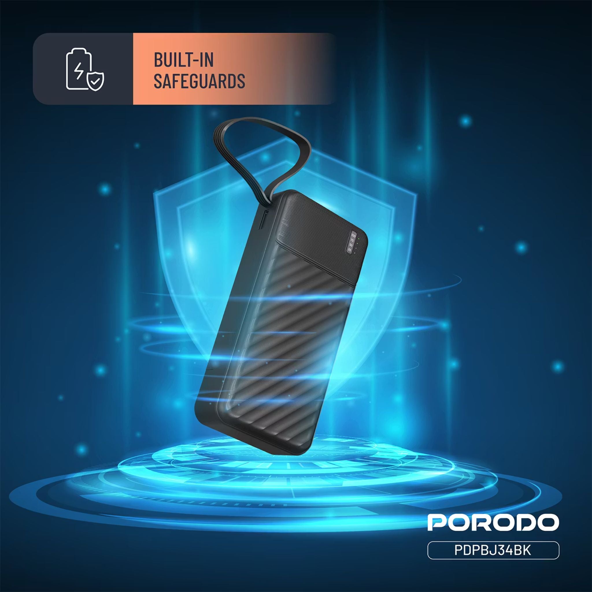 Porodo Piano 20000mAh Power Bank with Flashlight, Portable Handle, Phone Stand, 4 Integrated Cables, USB-A & USB-C & Micro Ports, Fast Charge Support, Universal Compatibility - Black