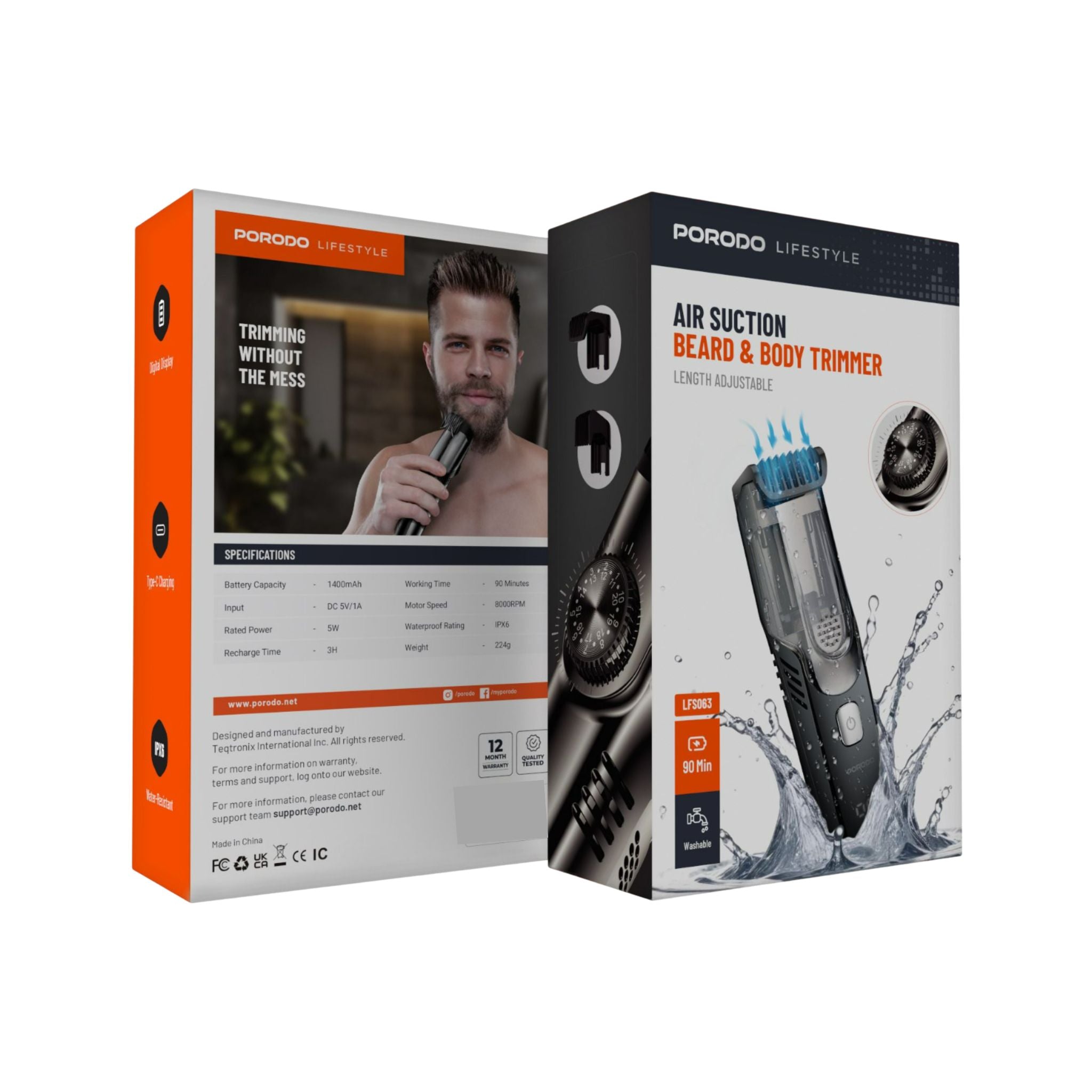 Porodo Air Suction Beard & Body Trimmer, 90 Minutes Working Time , 3 Hours Recharge Time, Type-C Charging Port, Digital Display, Washable, IPX6 Waterproof Rating, 1400mAh Battery - Gray / Black