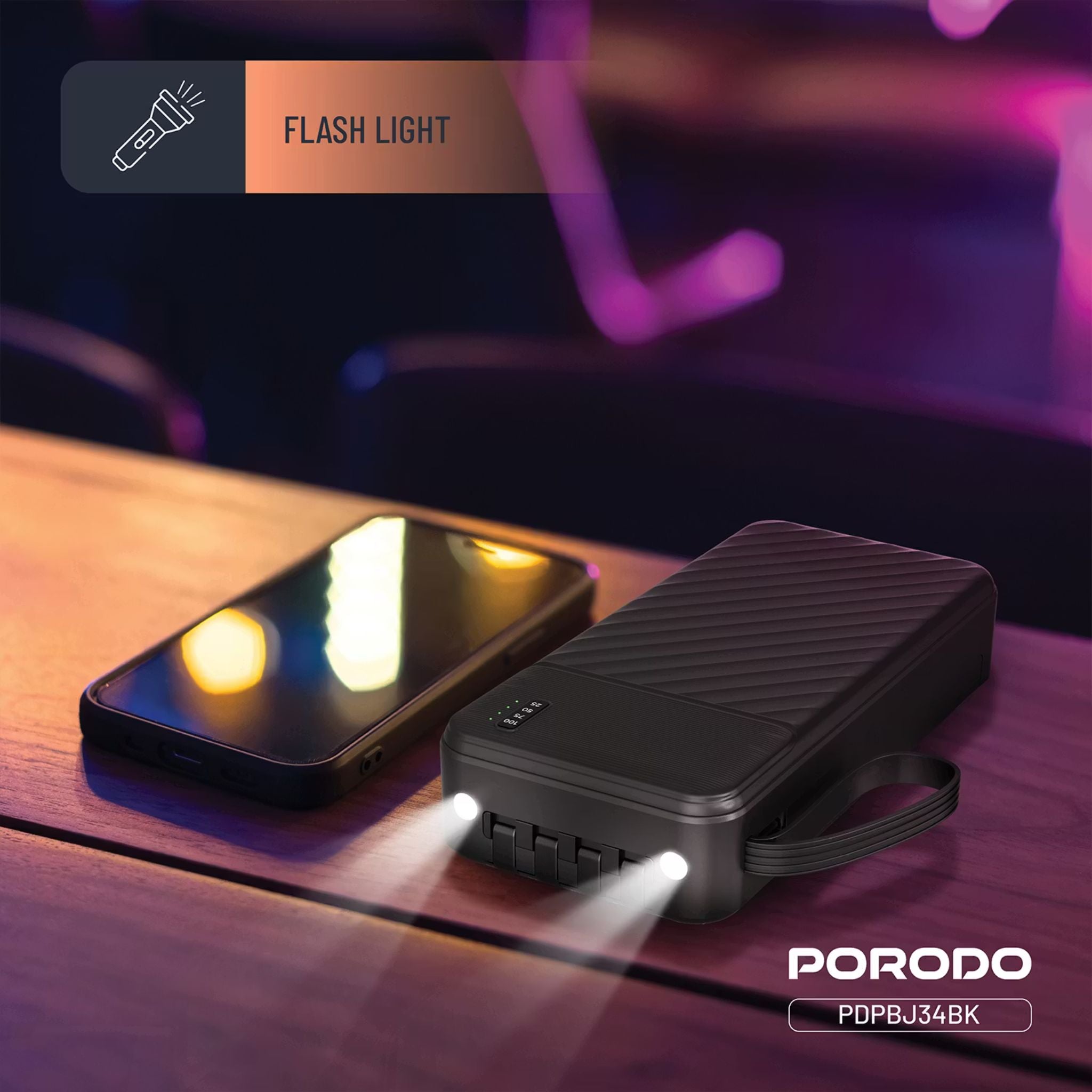 Porodo Piano 20000mAh Power Bank with Flashlight, Portable Handle, Phone Stand, 4 Integrated Cables, USB-A & USB-C & Micro Ports, Fast Charge Support, Universal Compatibility - Black