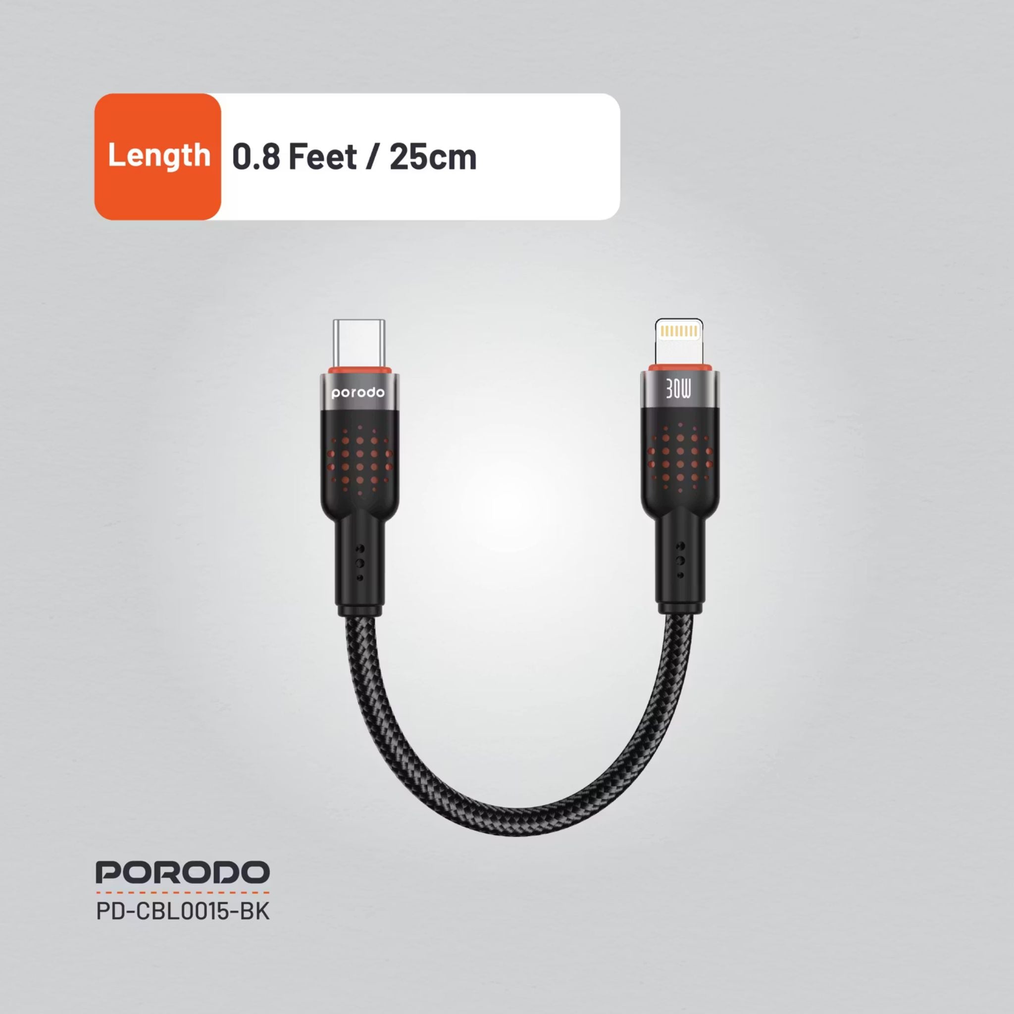 Porodo Aluminum Alloy Braided Cable Type-C to Lightning with 25cm Cable Length, PD 30W, 480Mbps Transfer Speed, more than 15000 Bends Life Span, Tangle Free - Black