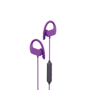 A pair of purple in-ear wireless earbuds with a charging case.
