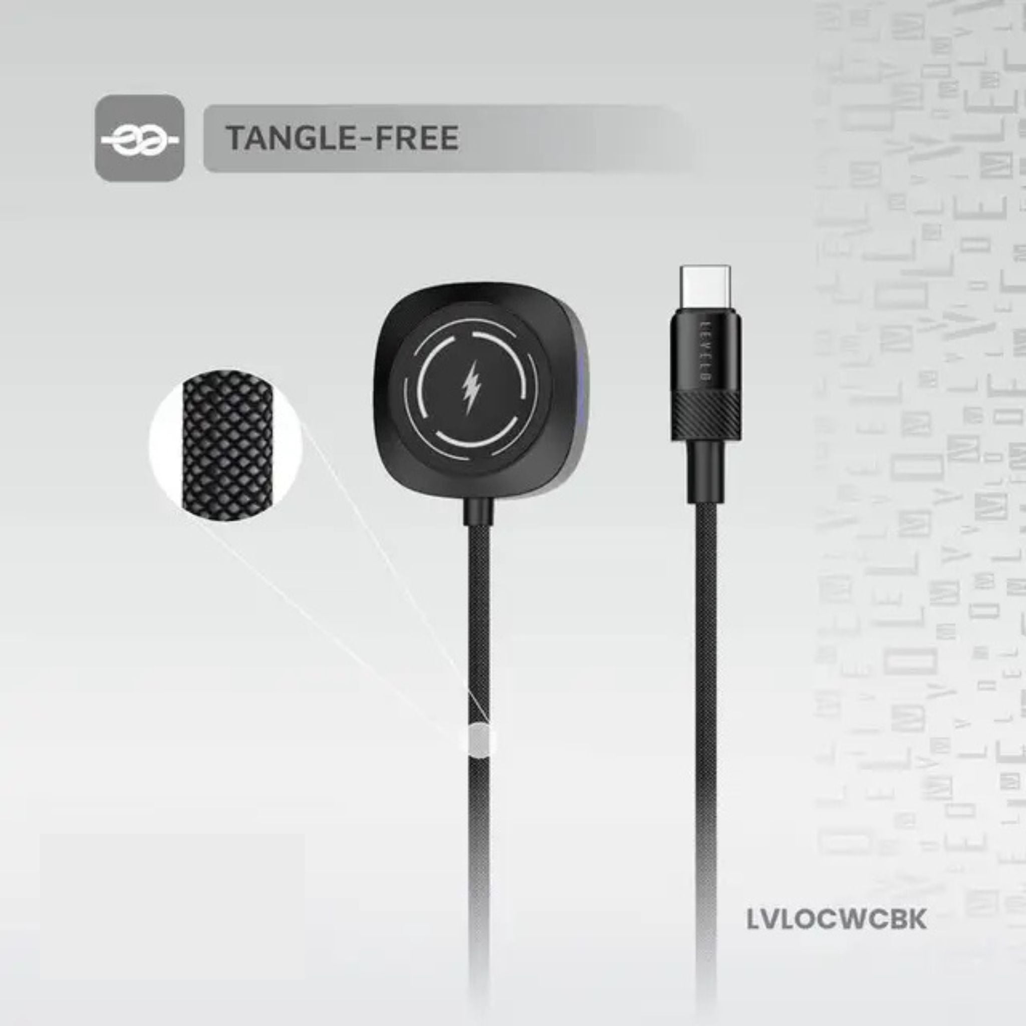 Levelo Otto Type C Apple Watch Wireless Charger Cable, Fast Charging, Tangle Free, Aluminum Alloy + Plastic Shell Material, 1.2m Cable Length - Black