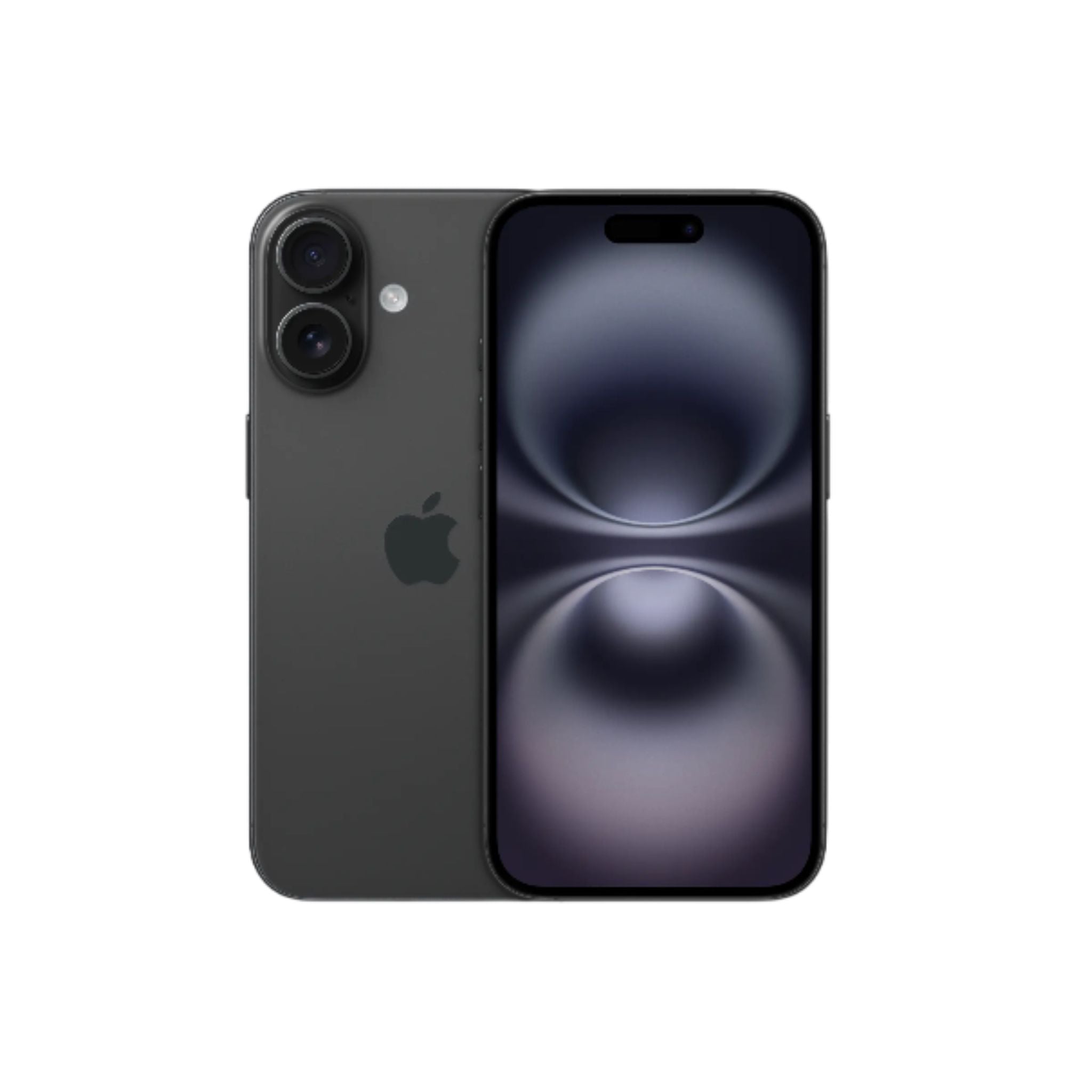 An Apple iPhone 16 in black color, showcasing both the front screen and the back camera and Apple logo.