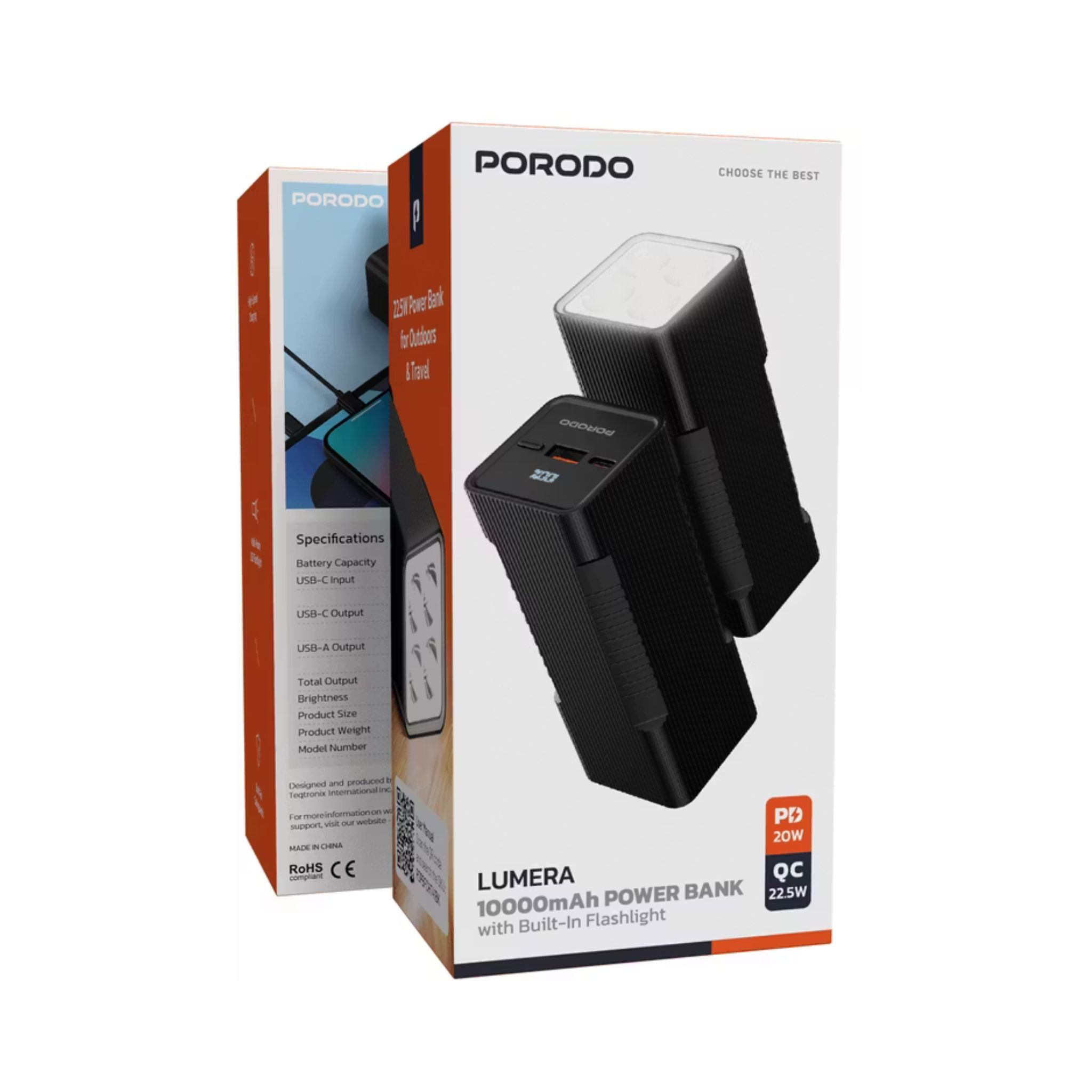 Porodo Lumera 10000mAh Power Bank with Built-in Flashlight, High-Speed Charging, Built-in Safeguards, USB-A & USB-C Output, 350 Lumens Brightness - Black