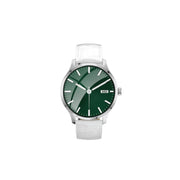 A silver-colored smartwatch with a green band and a digital display, featuring a full-screen touch panel and the brand name 'Green Lion' on the face.