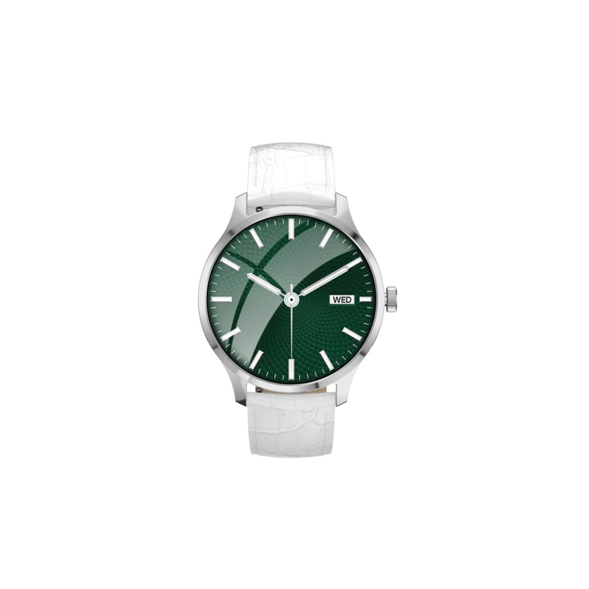 A silver-colored smartwatch with a green band and a digital display, featuring a full-screen touch panel and the brand name 'Green Lion' on the face.