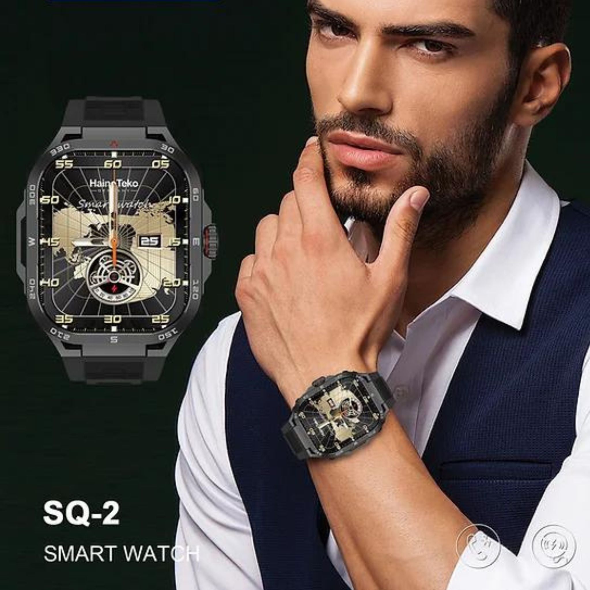 Haino Teko Germany SQ2 AMOLED Smartwatch with 3 Strap Pairs & Wireless Charger – Black (Men & Boys)