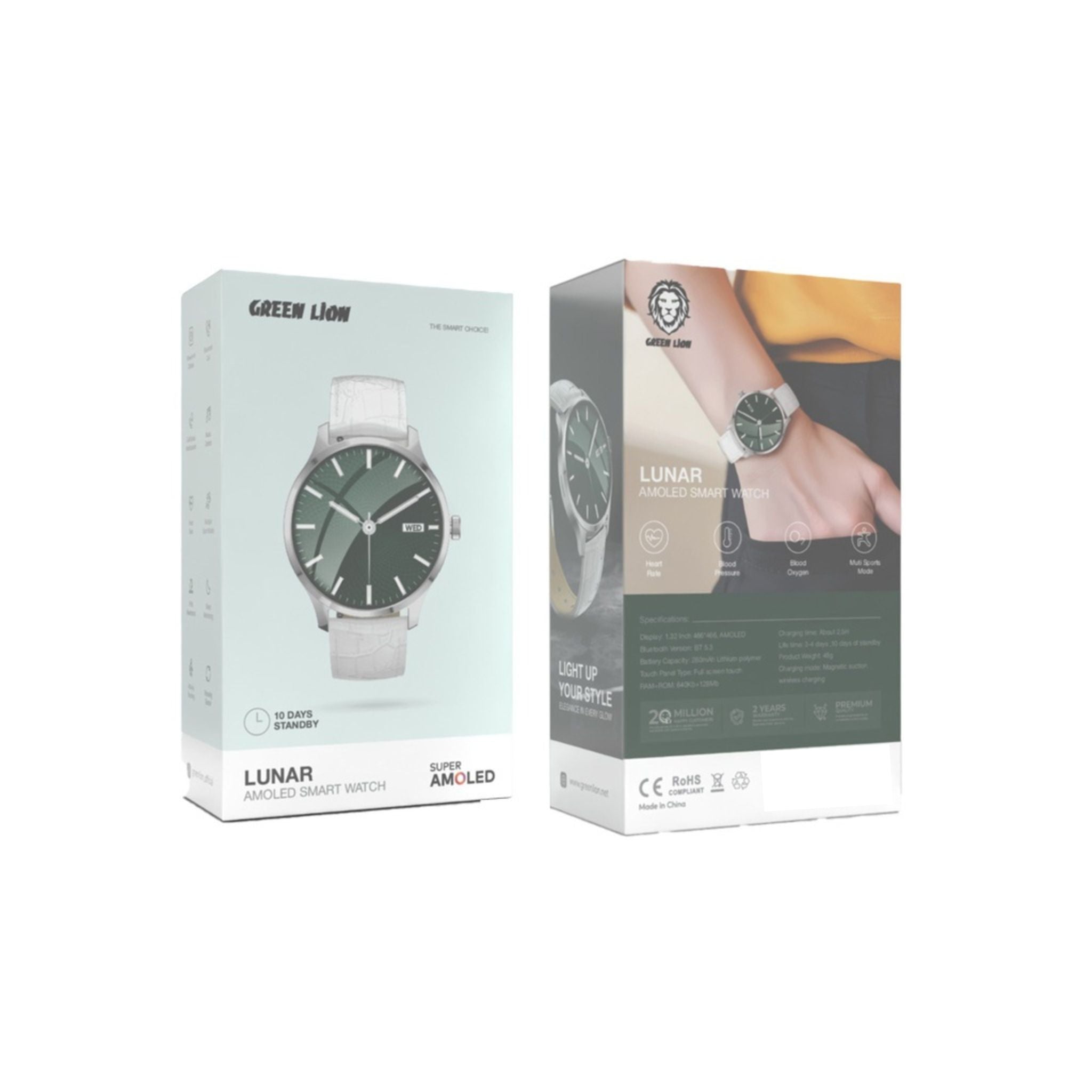 Green Lion Lunar AMOLED Smart Watch, Lithium Polymer Battery, Full Screen Touch, 1.32 Inch Display - Silver