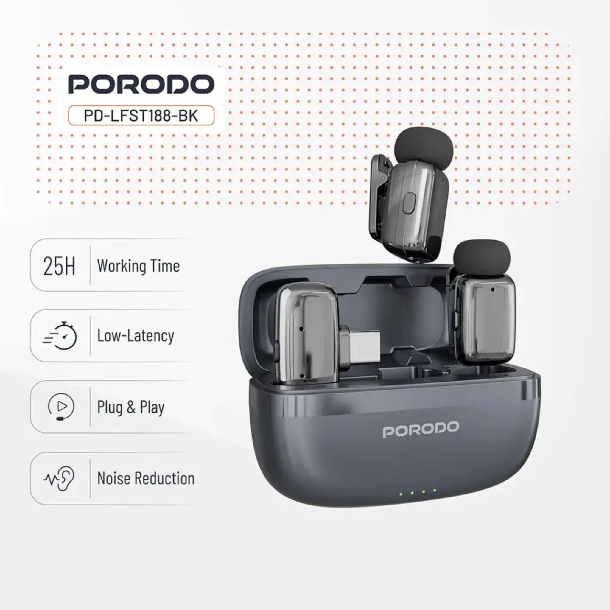 Porodo Wireless Lavalier Microphones Type-C, 2.4GHz, Noise Reduction, <22ms Low Latency, 33H Total Playtime, Plug & Play, Clear Audio Recording System-Black
