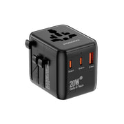 A black Porodo Universal Travel GaN Quick Charger with multiple plug adapters, featuring 2 USB-C and 1 USB-A ports.
