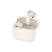 Beige wireless earbuds with charging case on a white background