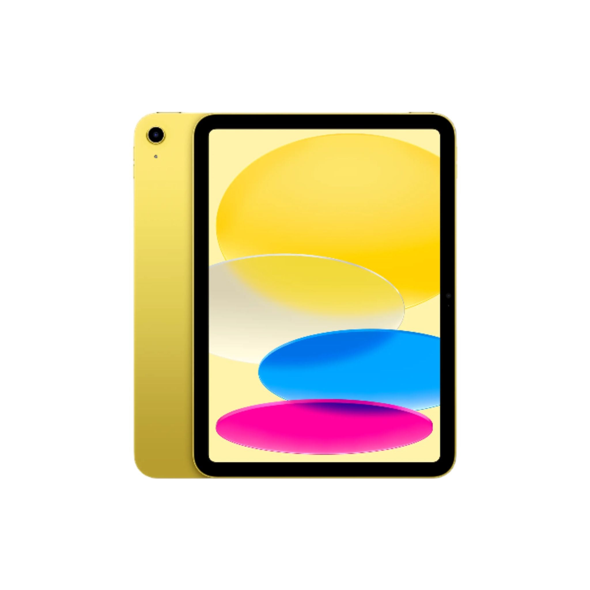 An Apple iPad with a blue back and a 11-inch Liquid Retina display, showcasing a colorful screen wallpaper.