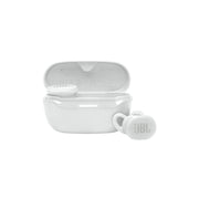 A pair of white JBL Endurance Race 2 true wireless Bluetooth earbuds with an open charging case.