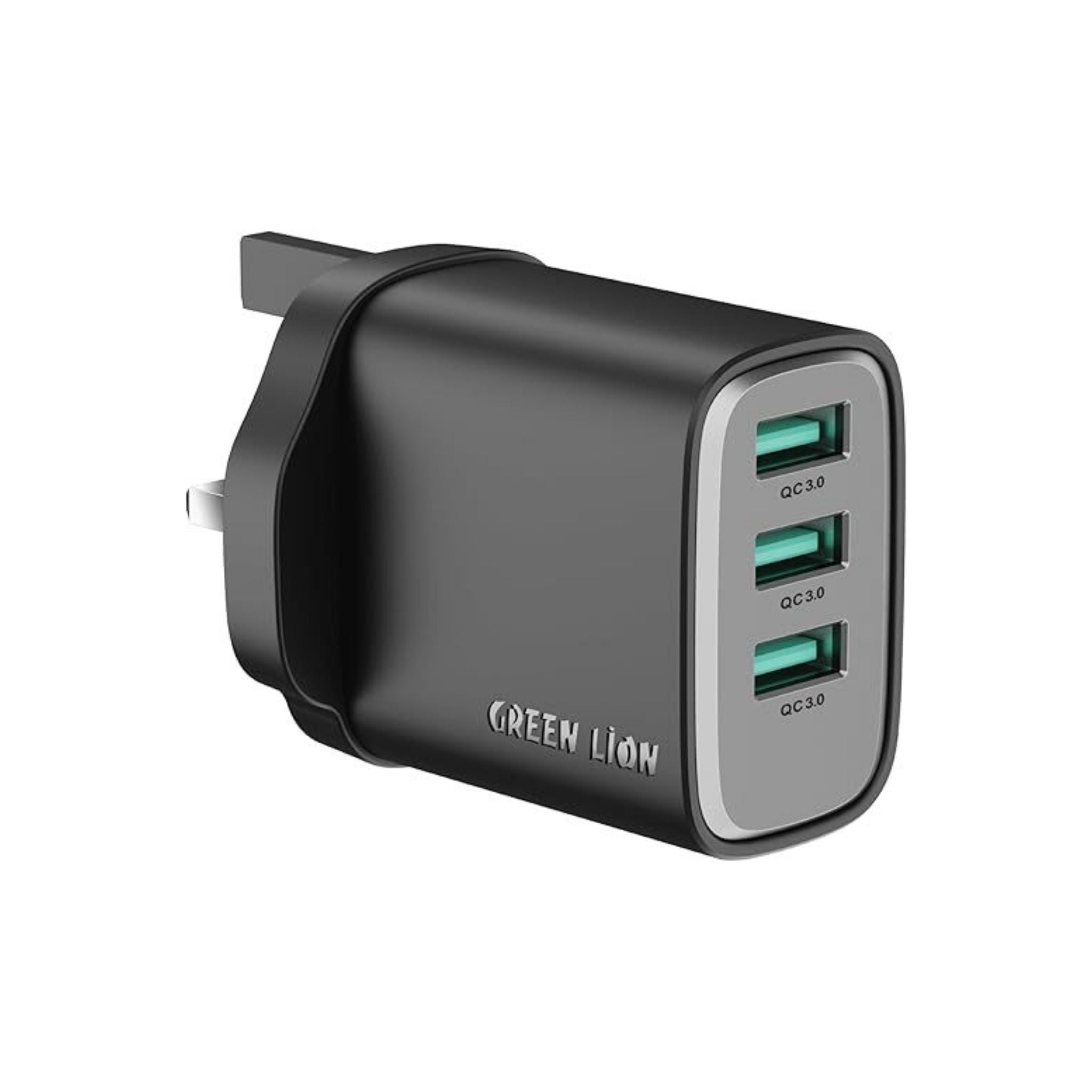 Green Lion Supra 24W GaN UK Wall Charger / 3 USB-A Ports / 24W Fast Charging / Compact GaN Technology / Multi-Device Charging - Black & Grey