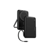 A black Porodo power bank with built-in Type-C cable and stand, displaying the power bank with the stand extended and the cable attached.