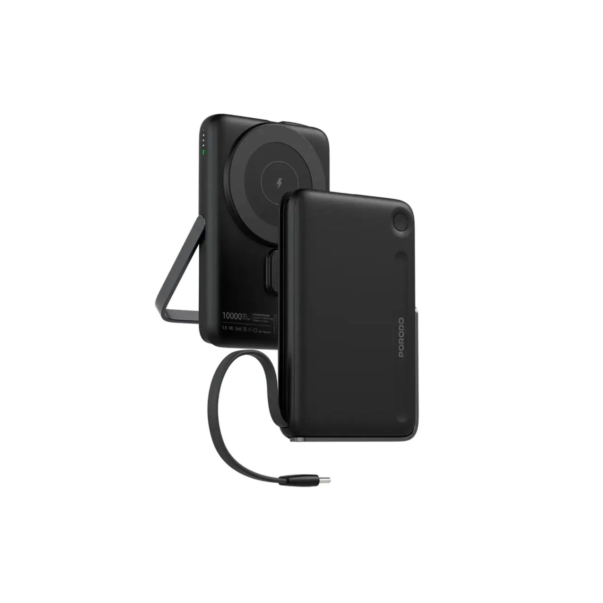 A black Porodo power bank with built-in Type-C cable and stand, displaying the power bank with the stand extended and the cable attached.