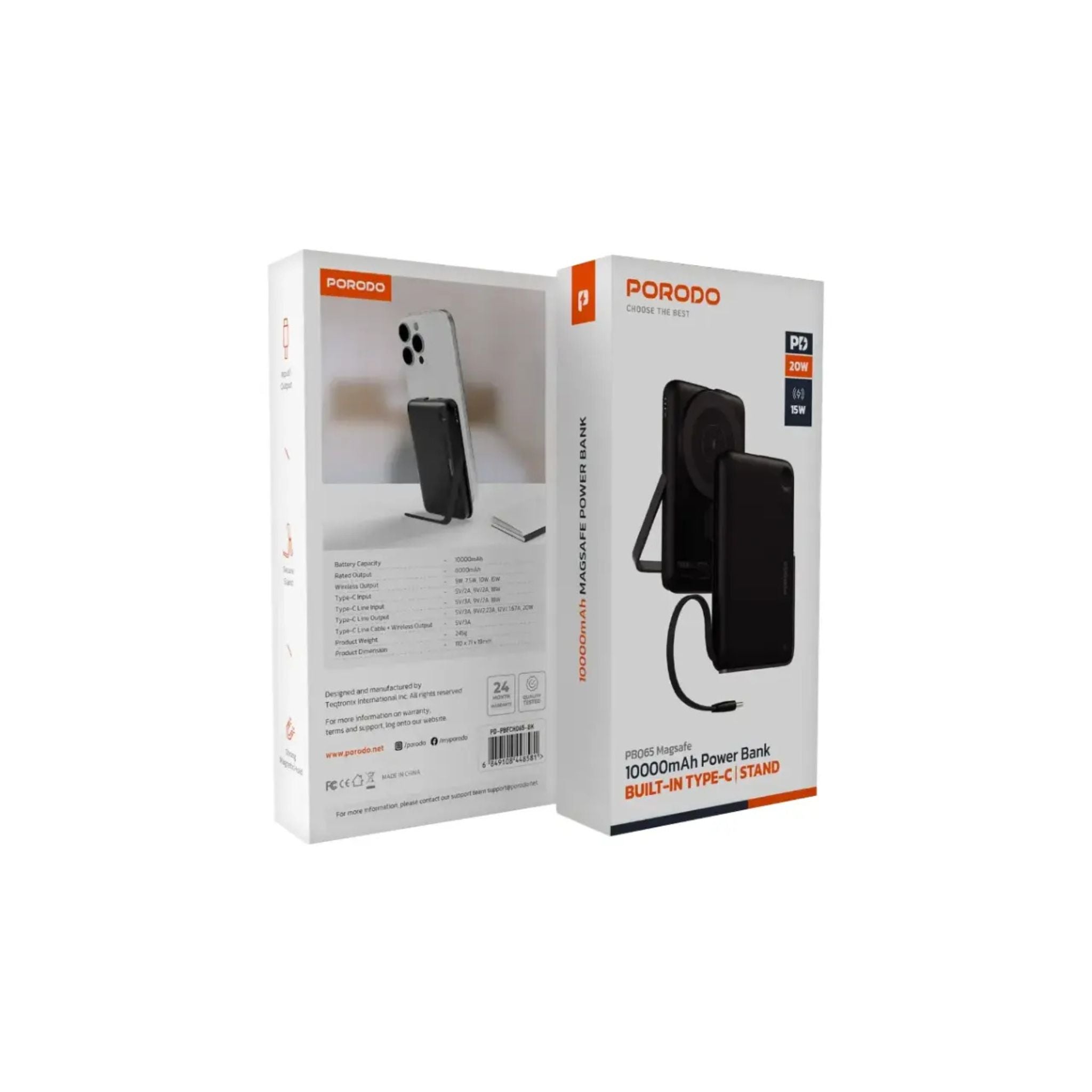 Porodo 10000mAh Power Bank with Built-in Type-C Cable & Stand, Strong Magnetic Hold, 20W Power Delivery, Fast Charging Support, 15W Wireless Output - Black