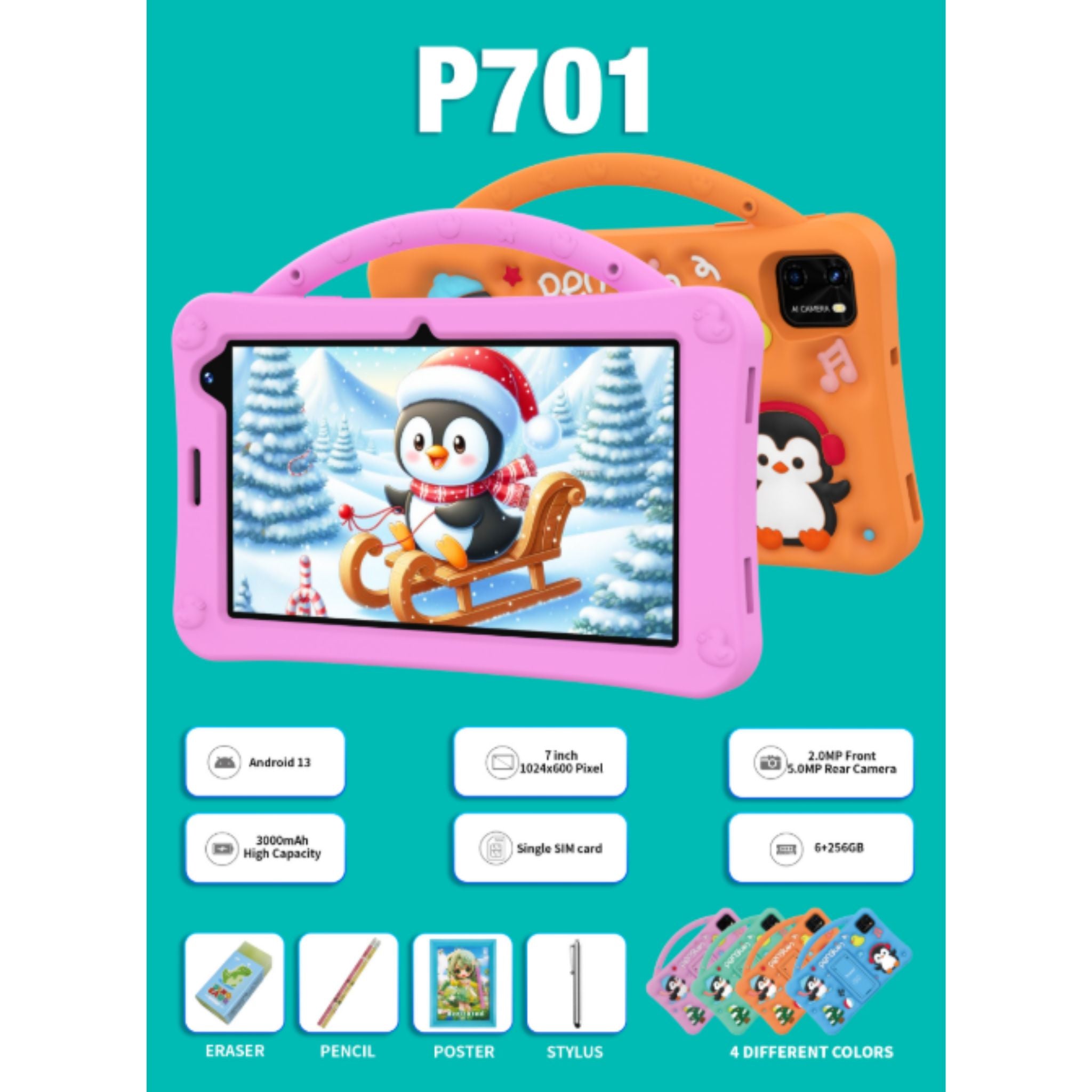 Telzeal P701, 7 Inch (1024*600) Android Tablet with Single SIM 6GB RAM 256GB ROM and 3000 mAh Battery + Free Gifts- Orange