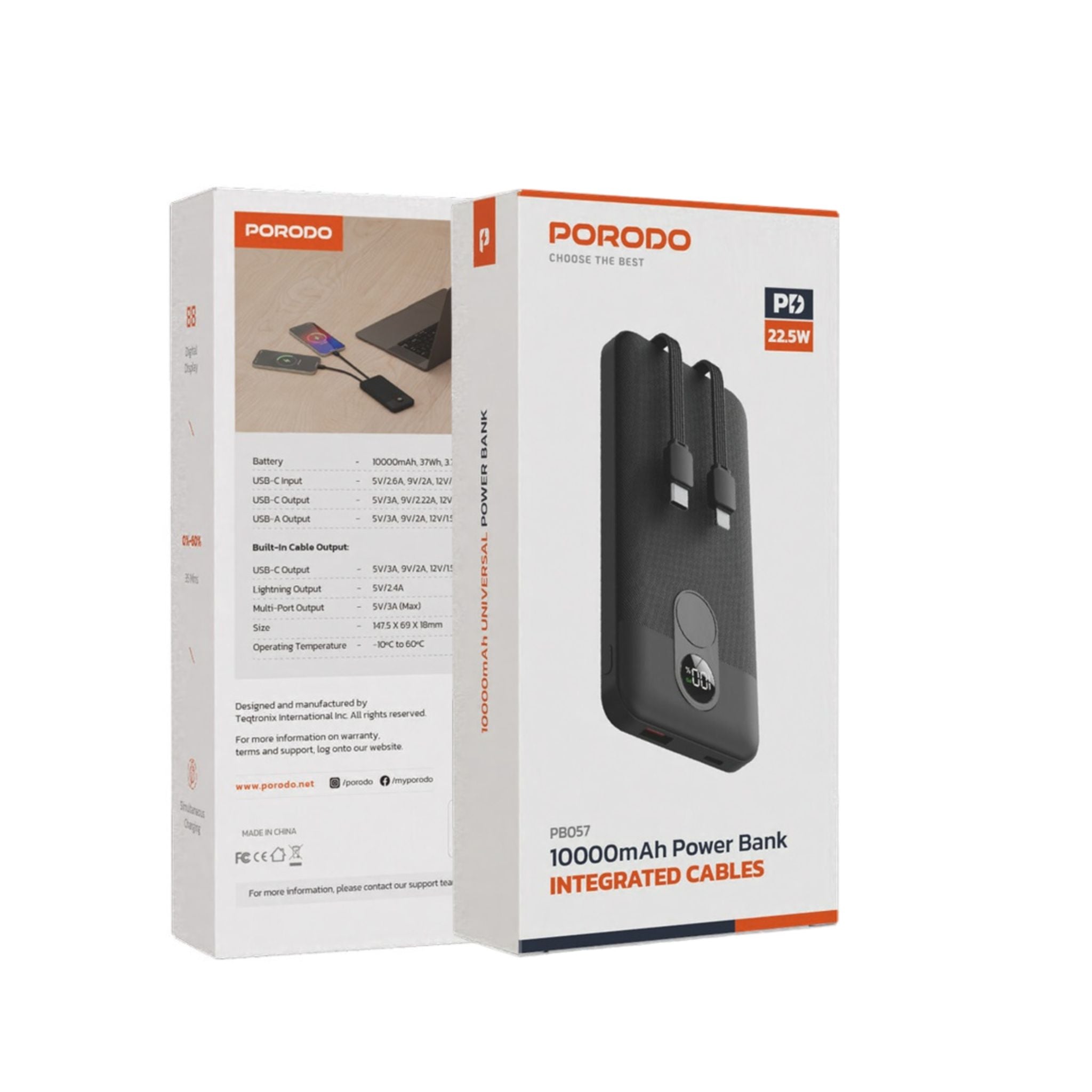 Porodo 10000mAh Power Bank with Built-in Type-C & Lightning Cables, 22.5W Power Delivery, Simultaneous Charging, 0%-60% Charge in 35 Minutes, Digital Display - Black