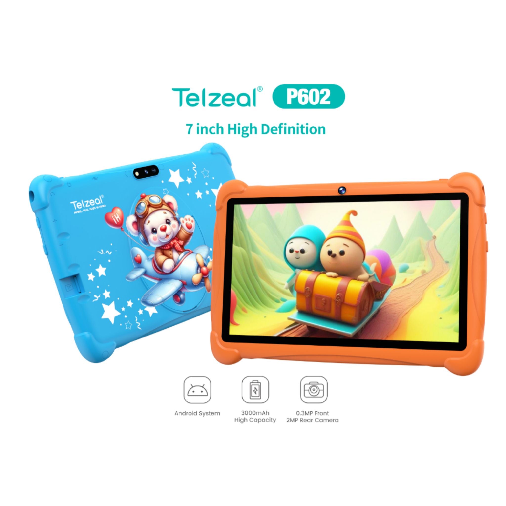 Telzeal P602 Kids Android Tablet – 7" HD Display, 4GB RAM, 128GB Storage, Wi-Fi, Dual Cameras, 3000mAh Battery, with Stylus, Screen Protector & Case – Green
