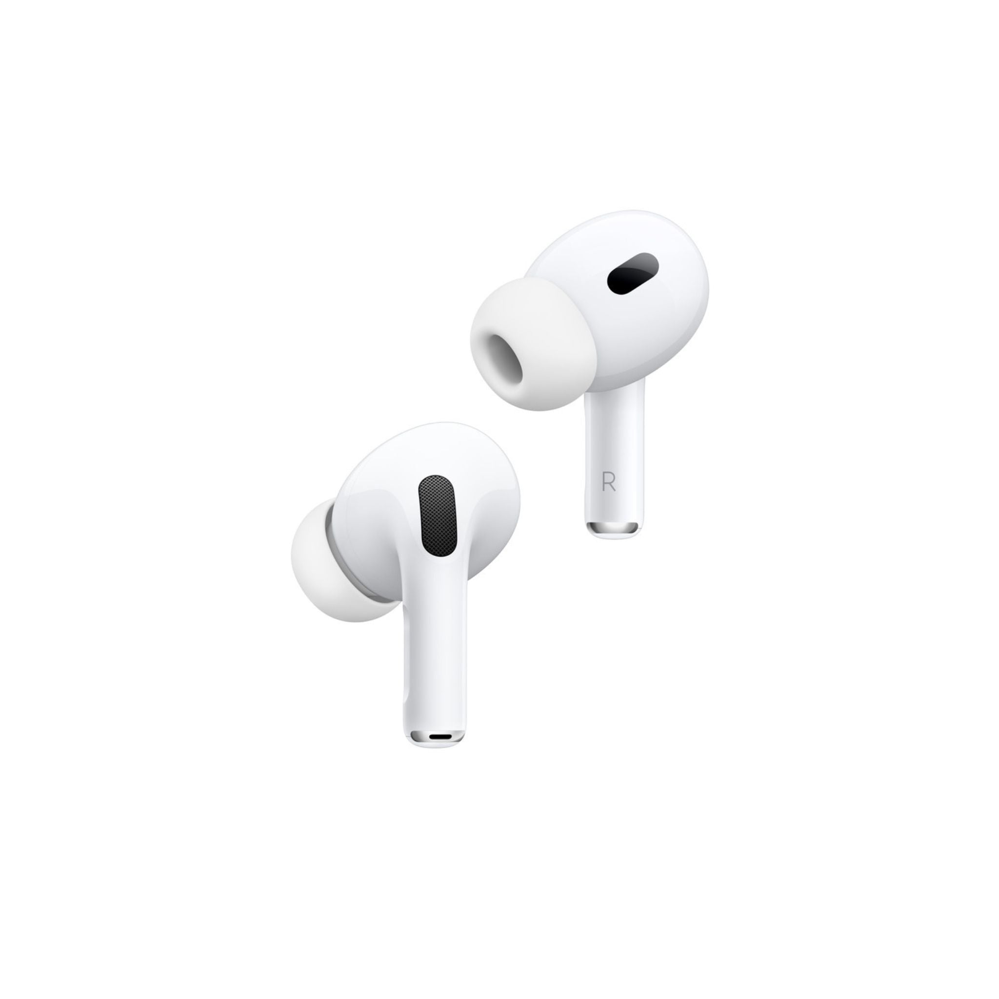 A pair of white AirPods Pro (2nd generation) with MagSafe Charging Case.