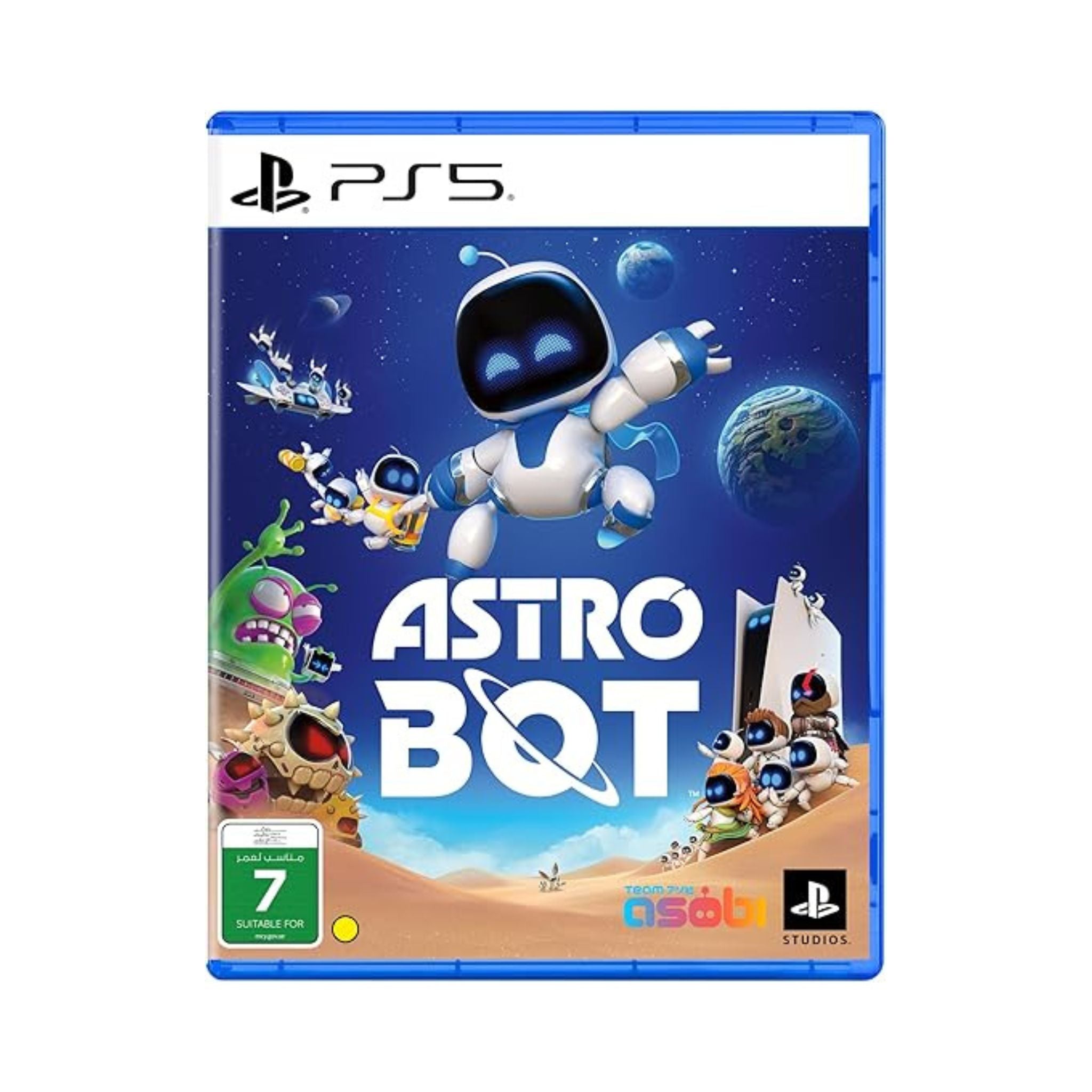 PlayStation 5 game disc for 'Astro Bot' with robot and alien characters on a blue background