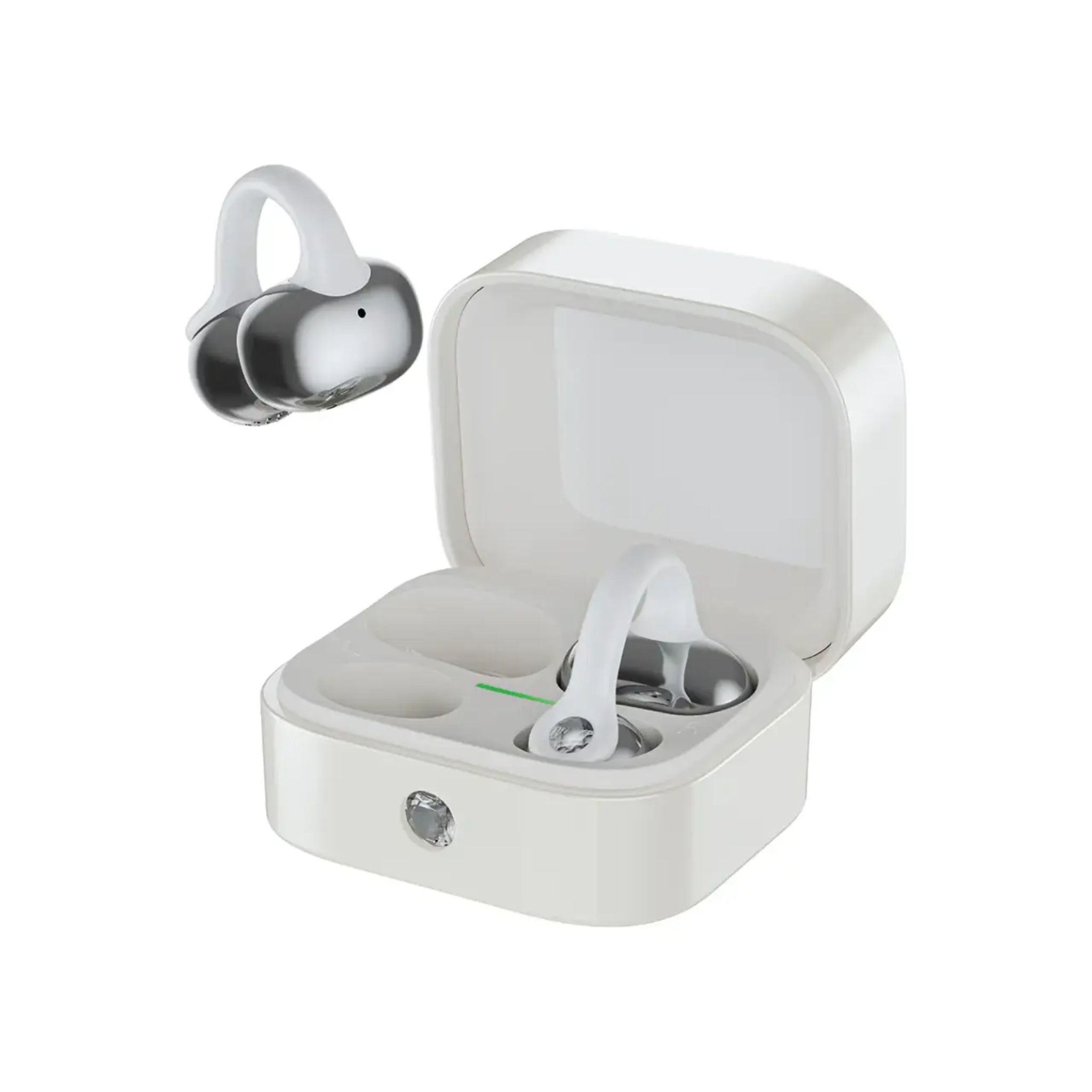 Green Lion Pearl Pods Wireless Open-Ear Clip-On Earbuds, 16 Hours Playtime With Case, ENC Noise Cancelling Headphone, Waterproof Earphone, Bluetooth V6.0, Soft Ambient LED, USB-C Charging -White