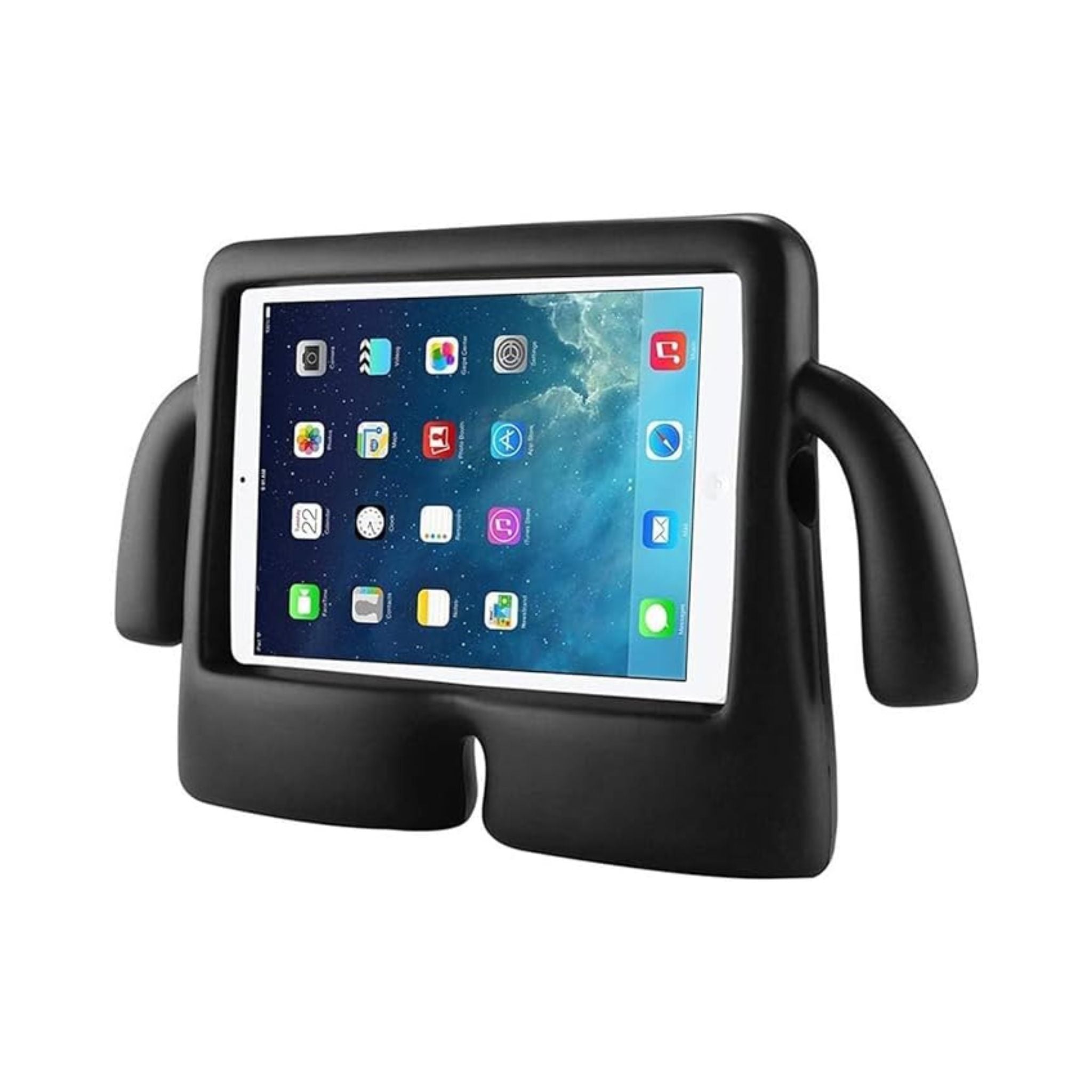 Black tablet stand holding a tablet with a white screen on a white background