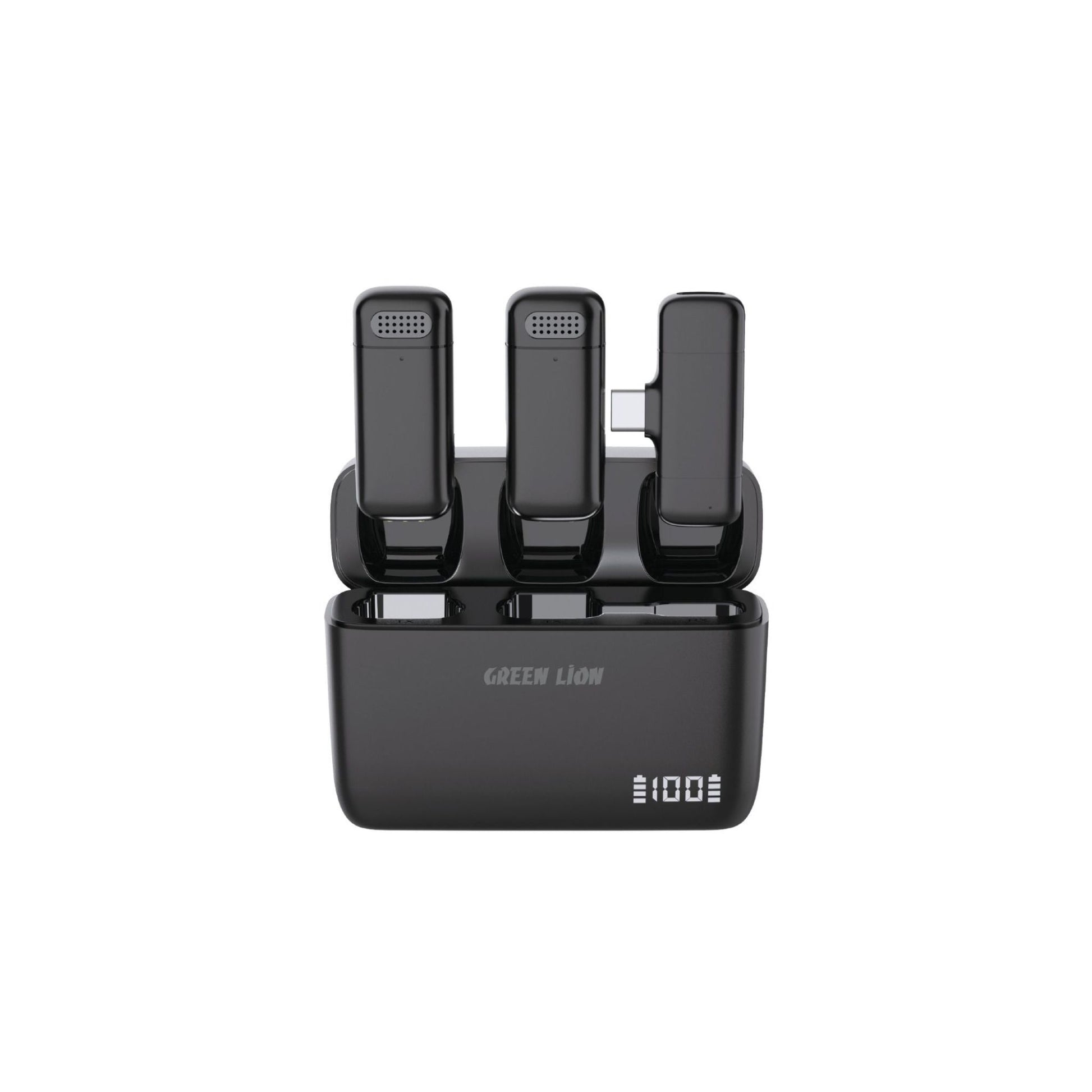 A black Green Lion Duo Cast wireless Type-C microphone with a charging case.