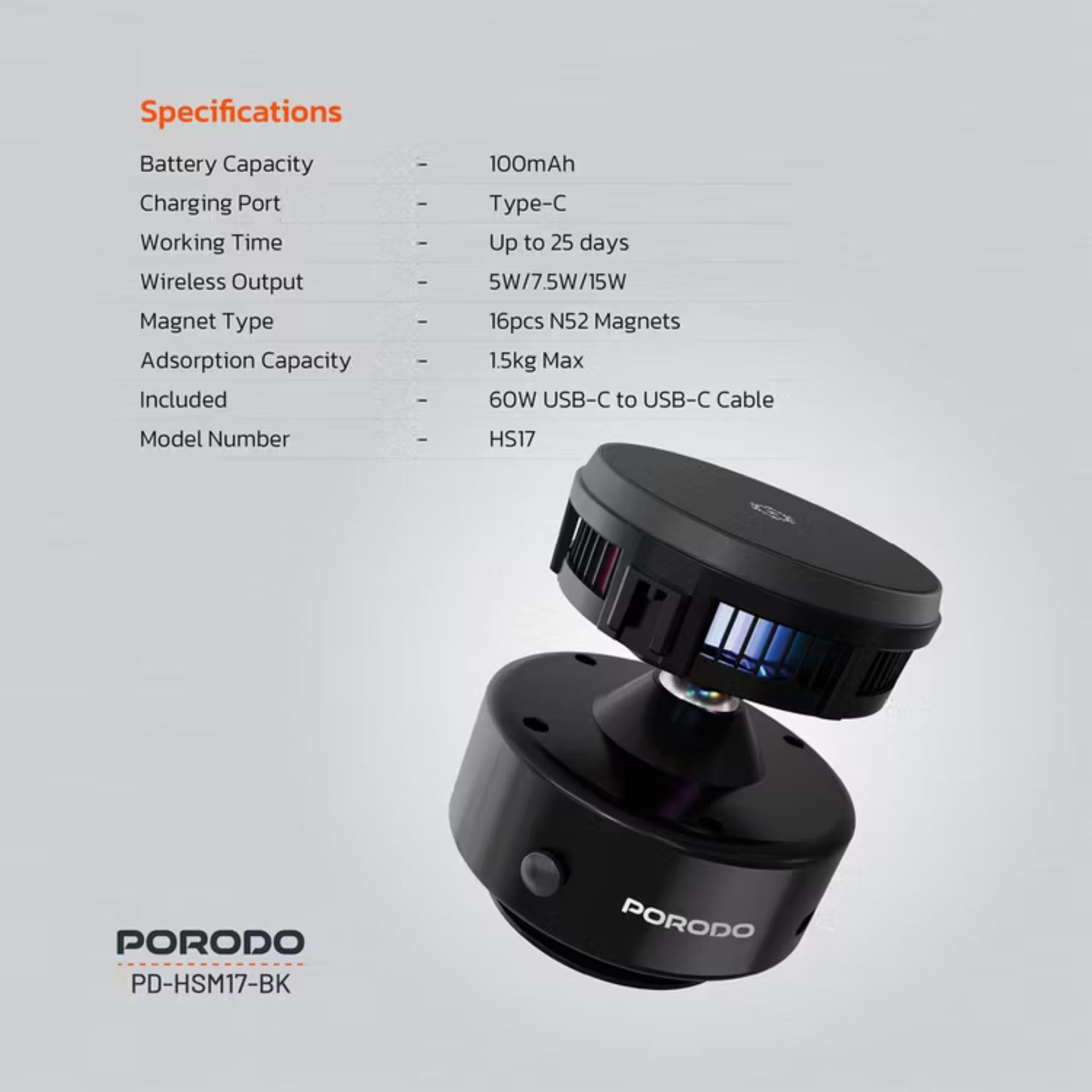 Porodo Lifestyle Vacuseal MagSafe Charging Mount with Cooling Semiconductor & RGB Light, Up to 25 Days Working Time, Adjustable Viewing Angle, 100mAh Battery Capacity, Up to 1.5kg Adsorption Capacity, Strong Suction, One-Hand Operation - Black