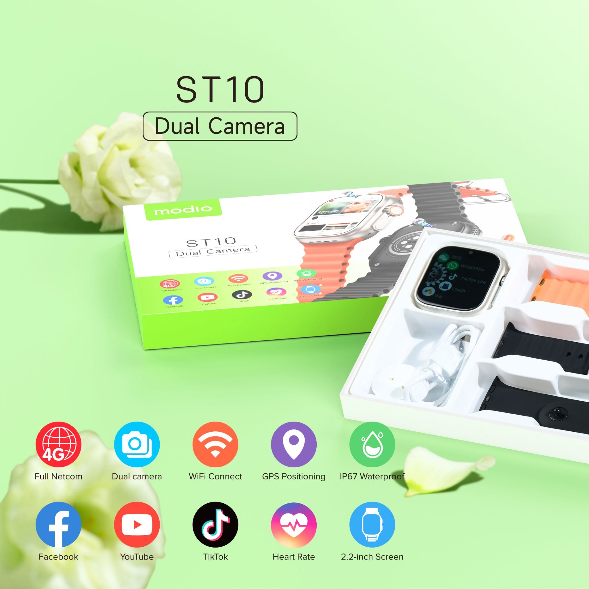 Modio Ultra ST10 4G Android Smartwatch with Dual Camera, 2.2" HD Full Touch Display, 4GB RAM, 64GB Storage, 3 Strap Sets & Wireless Charger – Gold