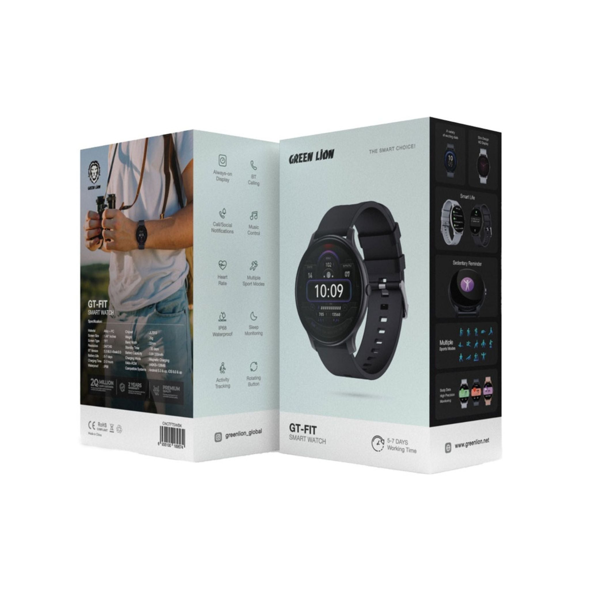 Green Lion GT-FIT Smart Watch with 1.45” Always-On Display, Bluetooth Calling, Heart Rate & Sleep Monitoring, Multiple Sports Modes, IP68 Waterproof, 5-7 Days Battery, Magnetic Charging – 22mm Strap