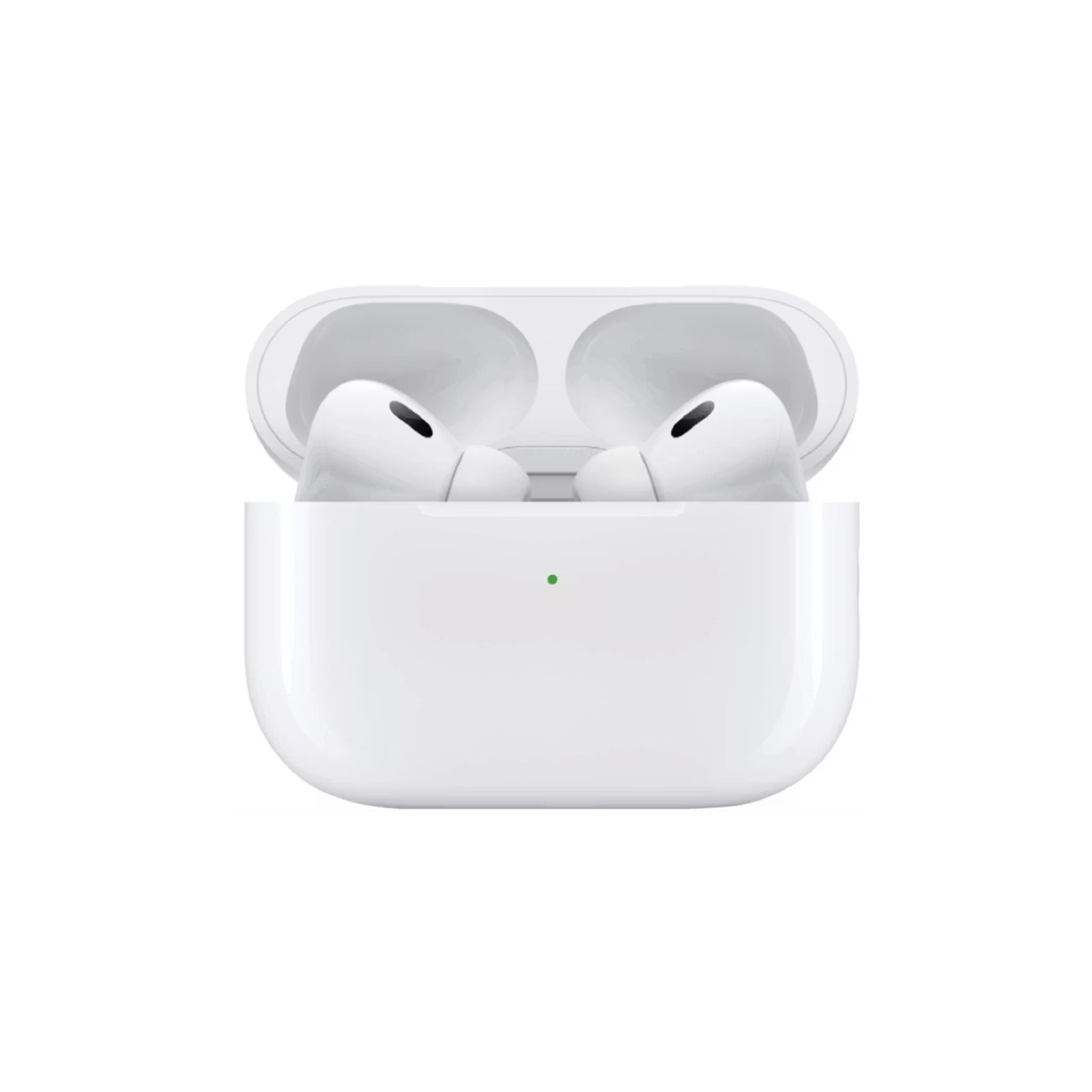 White wireless earbuds in a charging case on a white background