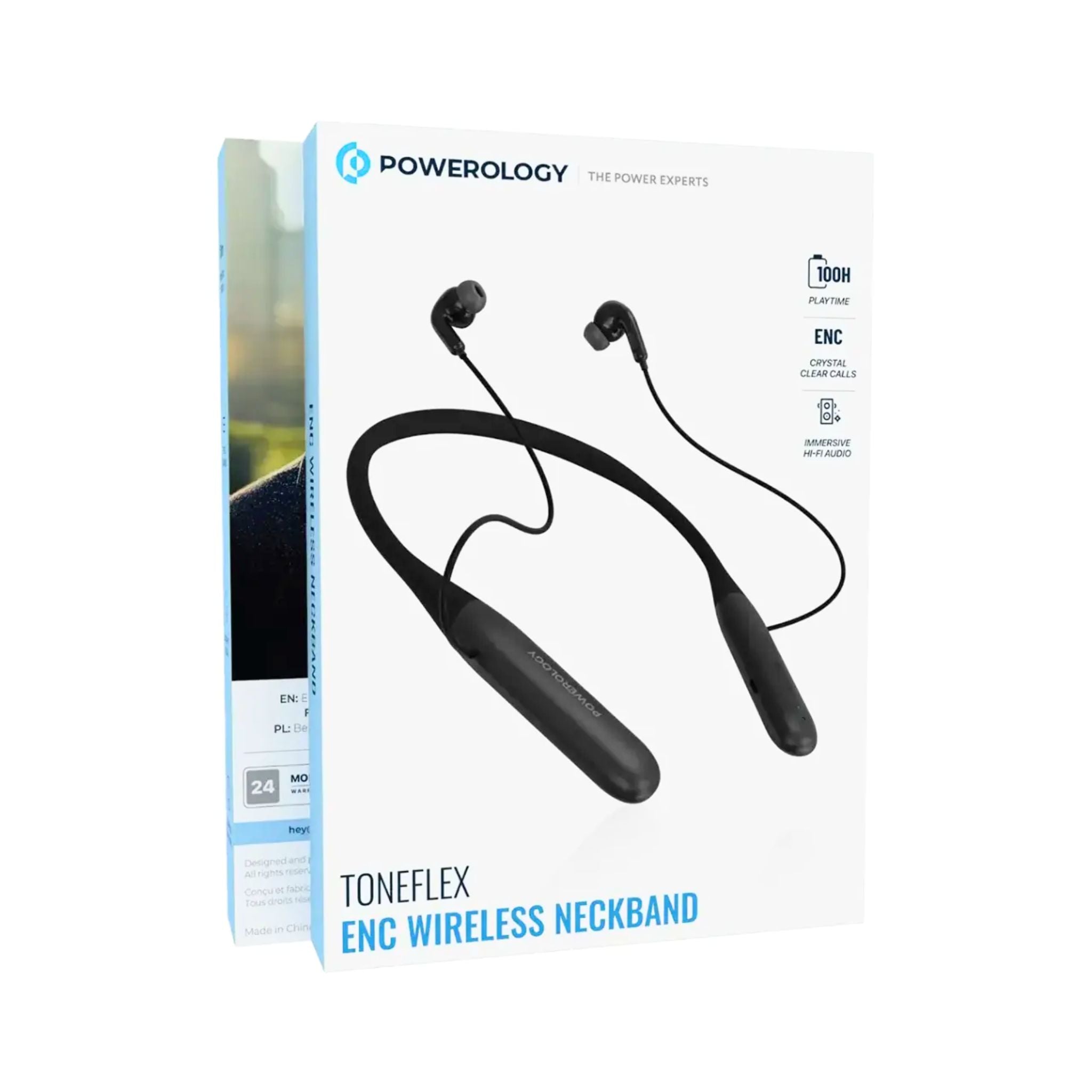 Powerology ToneFlex ENC Wireless Neckband Earphones with Immersive Hi-Fi Audio, Up to 90 Hours Talk Time & Up to 100 Hours Play Time, 850mAh Battery, 13mm Speaker Size, Seamless Dual-Mode, Secure-Fit Design - Black