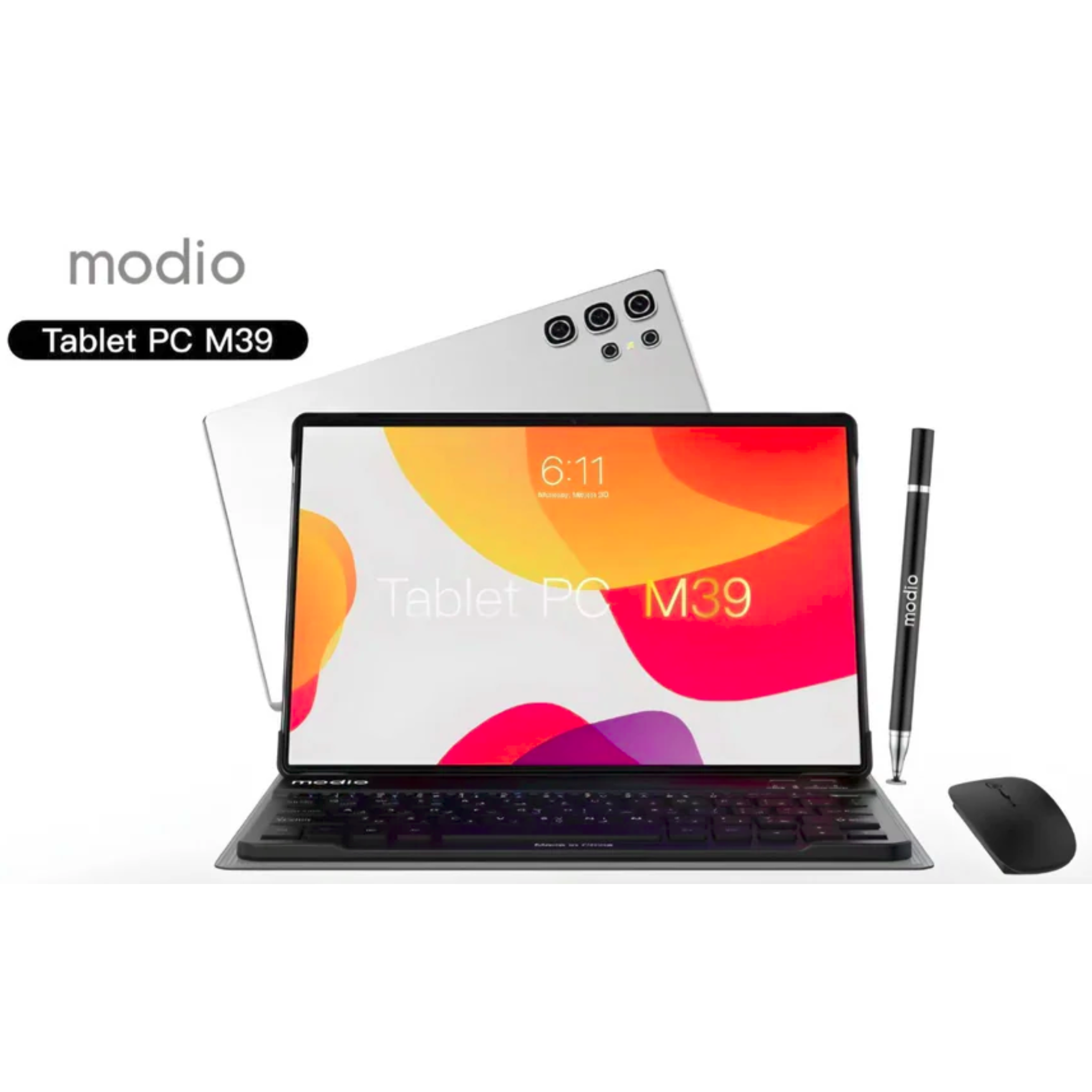 Modio M39 Tablet displayed with its keyboard and a stylus, showcasing the front screen and the back cover with camera holes.