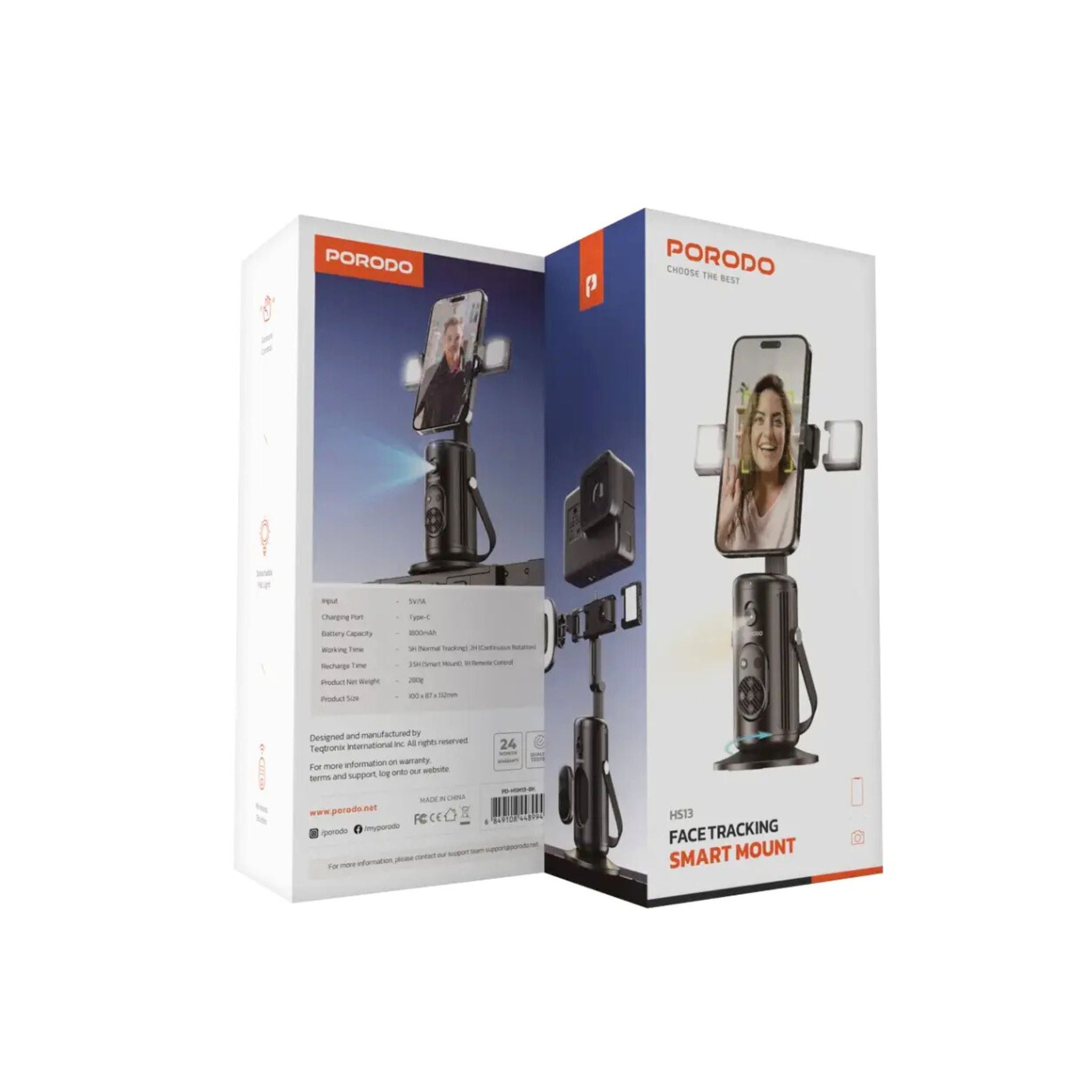 Porodo Face Tracking Smart Mount with Wireless Shutter, Detachable Fill Light, Gesture Control, Lightweight Design, 1800 mAh Battery - Black