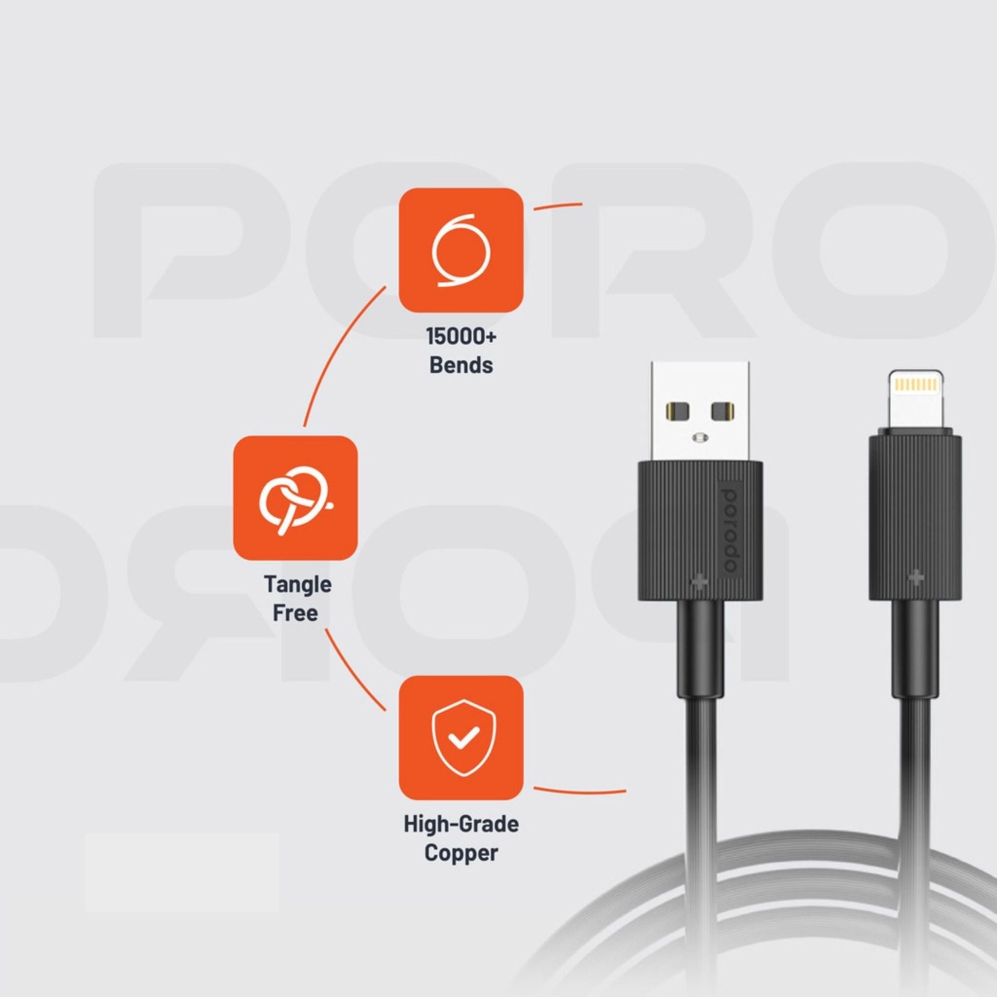 Porodo USB-A to Lightning Durable Charging Cable with 3m Length, PVC Material, Fast Charge & Data Sync, 15000+ Bends Lifespan, 480Mbps Data Transfer Speed, Tangle-Free Design - Black
