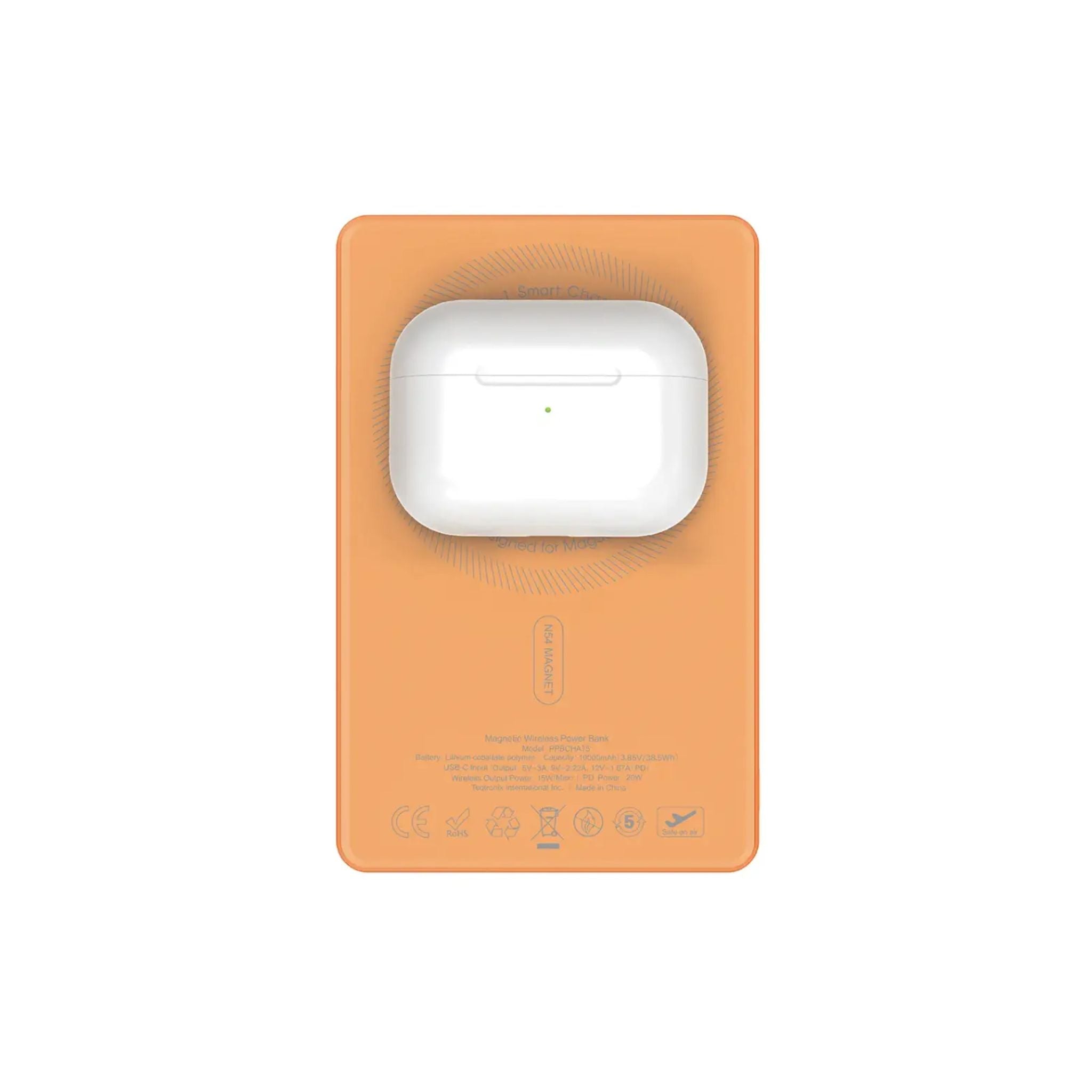 Powerology MagVolt 10000mAh Power Bank, 2.5W Watch Output, Up to 15W Phone Output, 20W Power Delivery, Ultra-Slim Design, Smart TFT Display, N54 MagSafe Compatible - Orange
