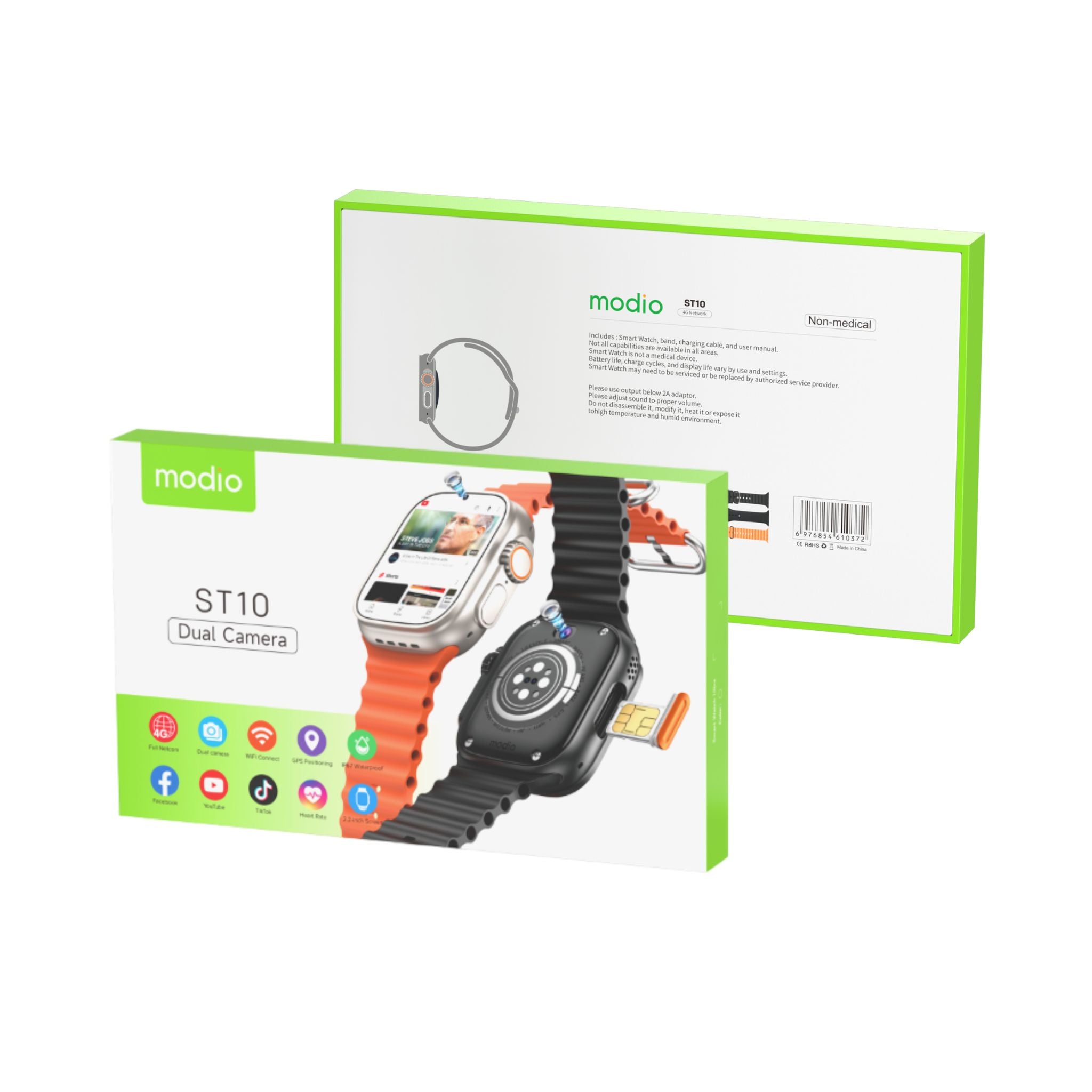 Modio Ultra Smart Watch ST10 Dual Camera 4G Android Smart Watch HD 2.2 inch Display With Sim Full Touch Screen 4Gb Ram 64Gb3 Set Strap and Wireless Charger