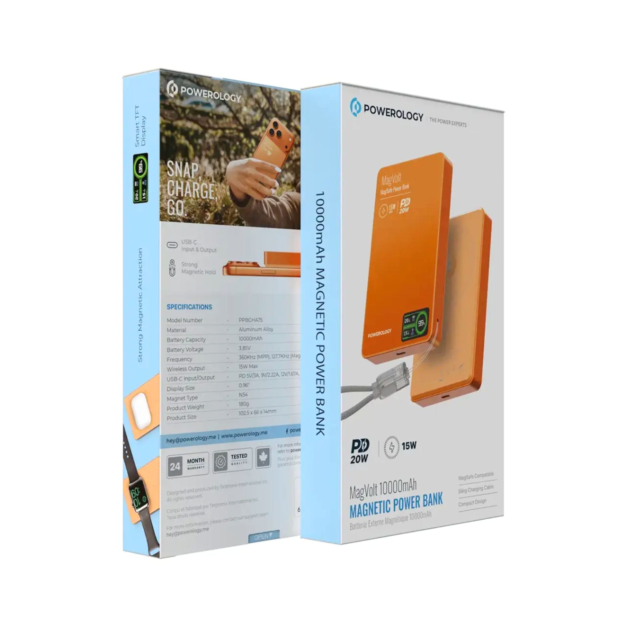 Powerology MagVolt 10000mAh Power Bank, 2.5W Watch Output, Up to 15W Phone Output, 20W Power Delivery, Ultra-Slim Design, Smart TFT Display, N54 MagSafe Compatible - Orange