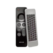 Black remote control with a keyboard on a white background