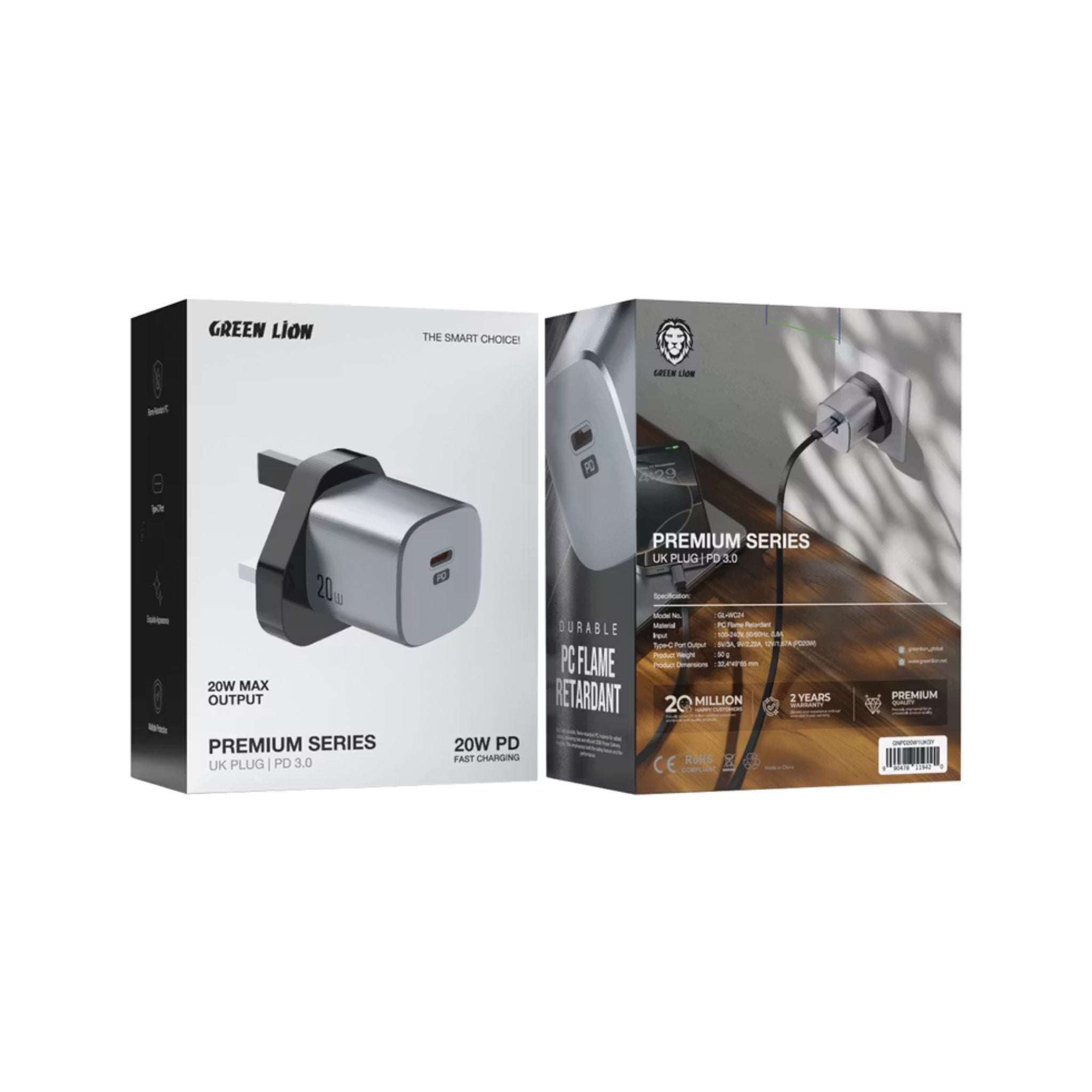 Green Lion Premium UK Plug Wall Charger with 20W Power Delivery, Multiple Protection, PC Flame Retardant Material, Fats Charging - Gray