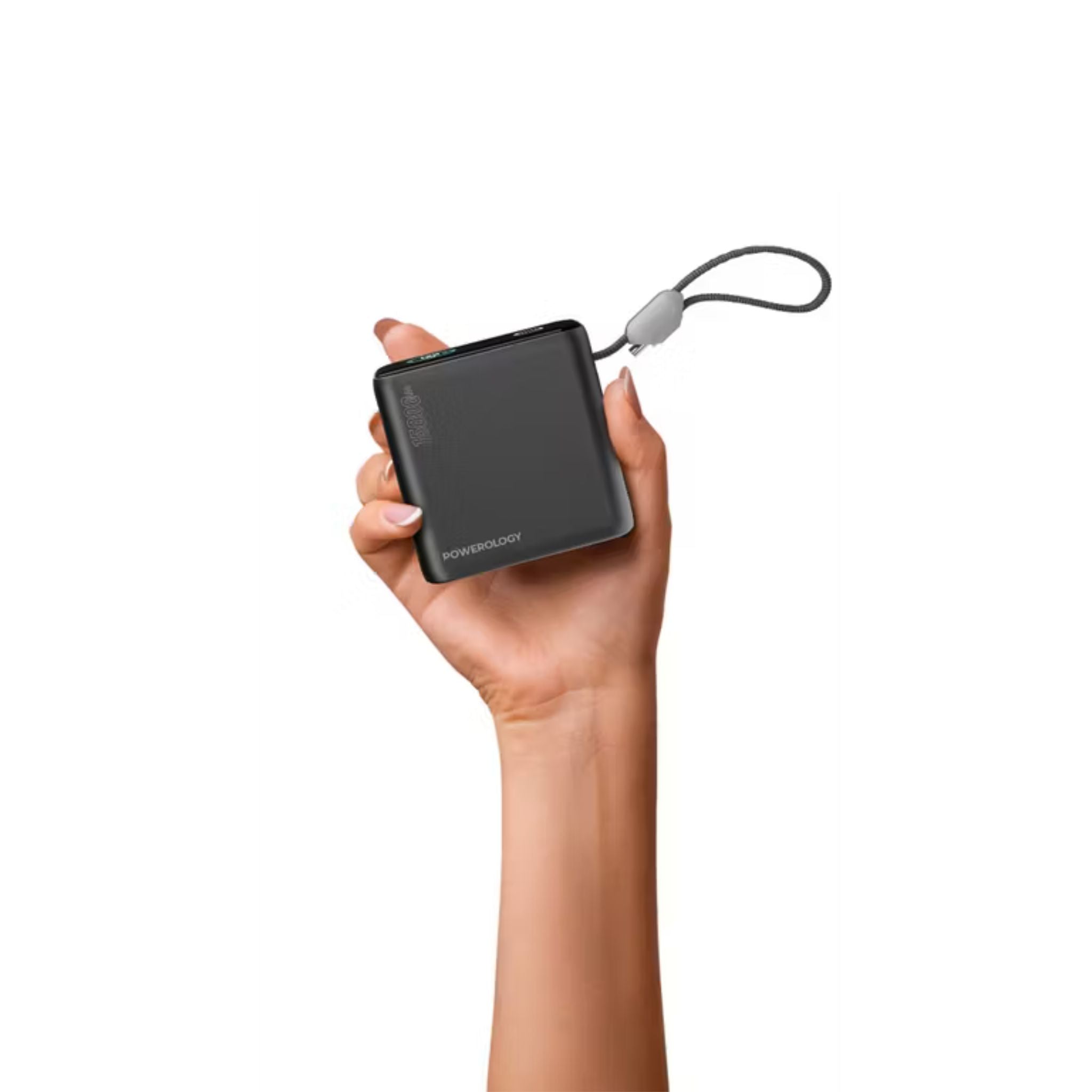 Powerology 15000mAh Mini Power Bank with Multiple Charging Ports, Universal Compatibility, Advanced Safety Features, Smart TFT Display, Built-in USB-C Cable - Black