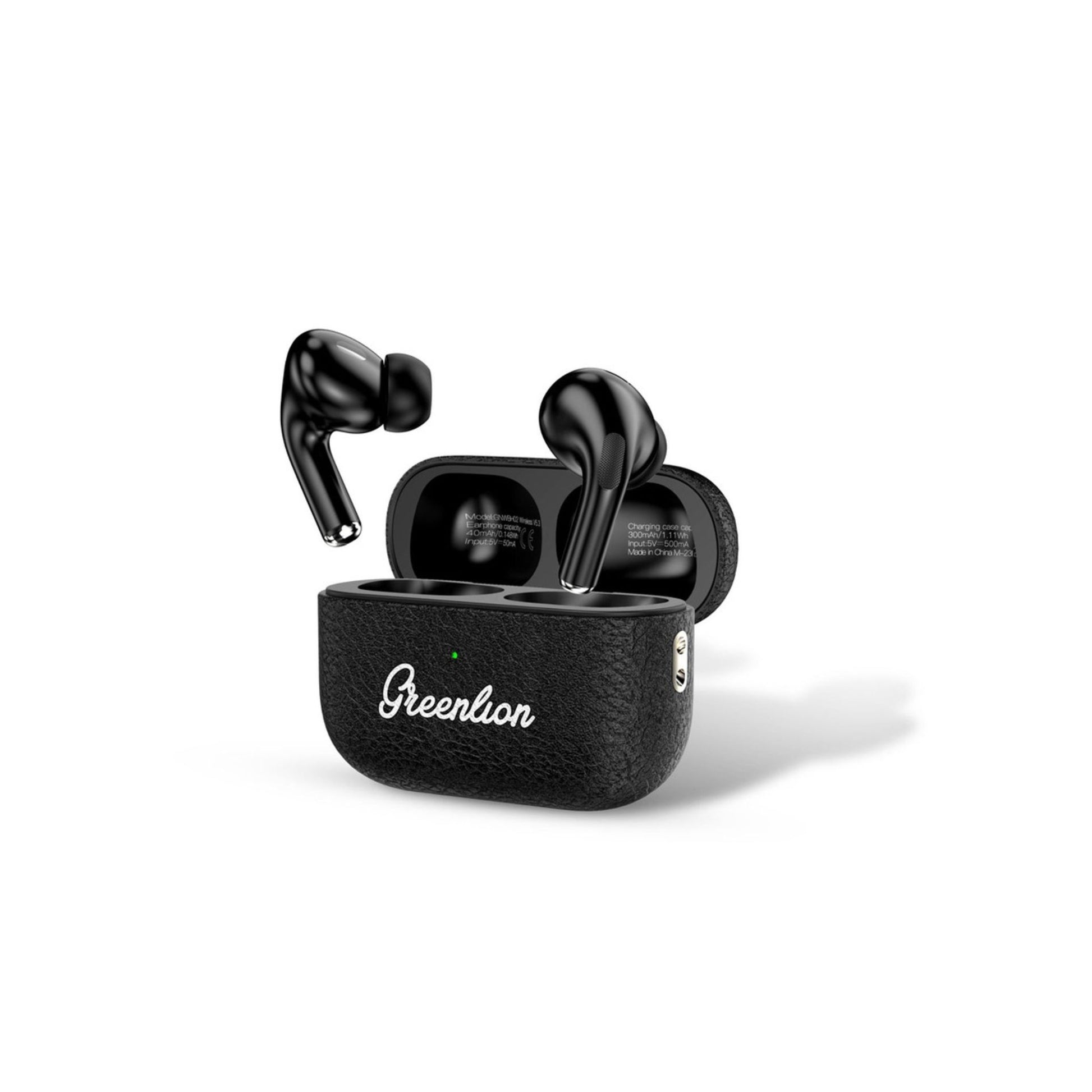 A pair of black Green Lion Classic True Wireless Earbuds with a charging case.
