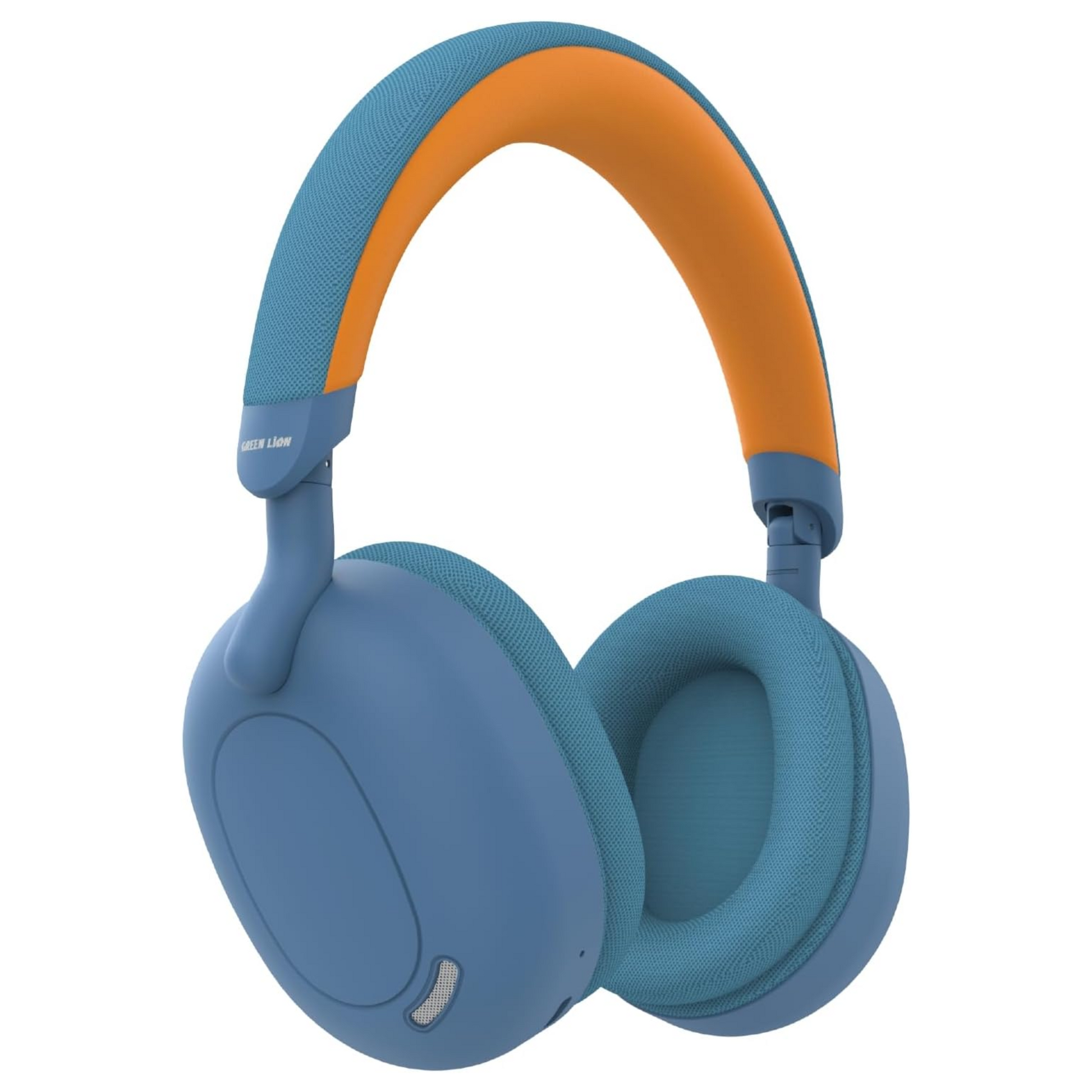Blue and orange headphones on a white background